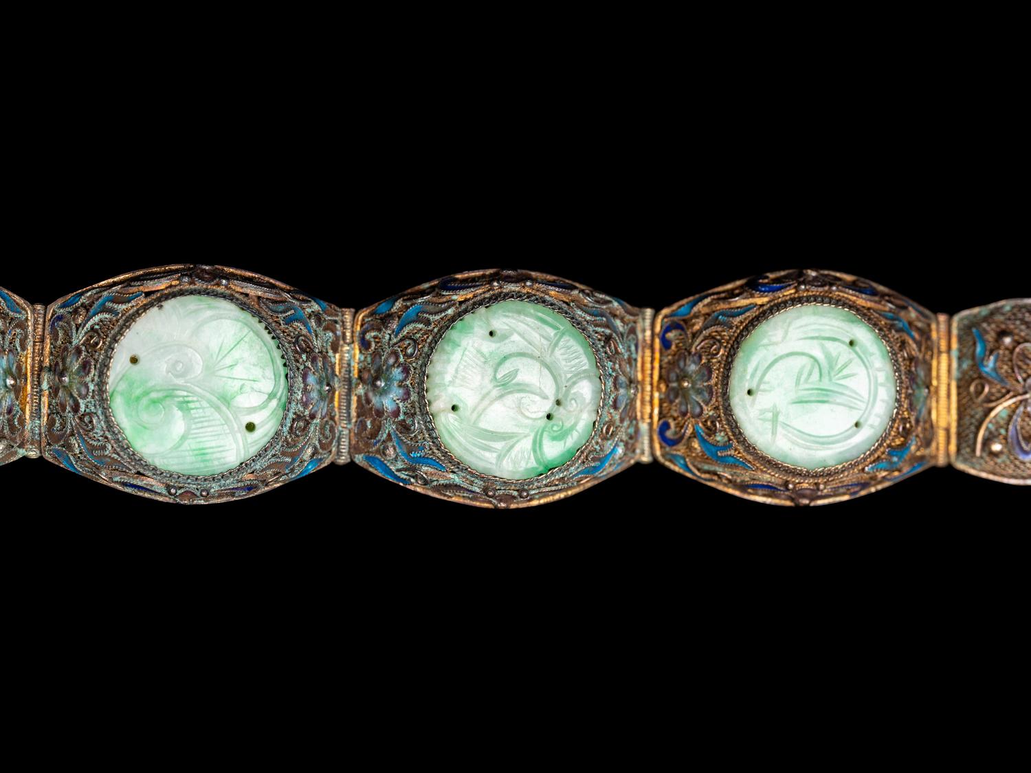 A Pair of Chinese Jadeite Inset Enameled Filigree Bracelets
