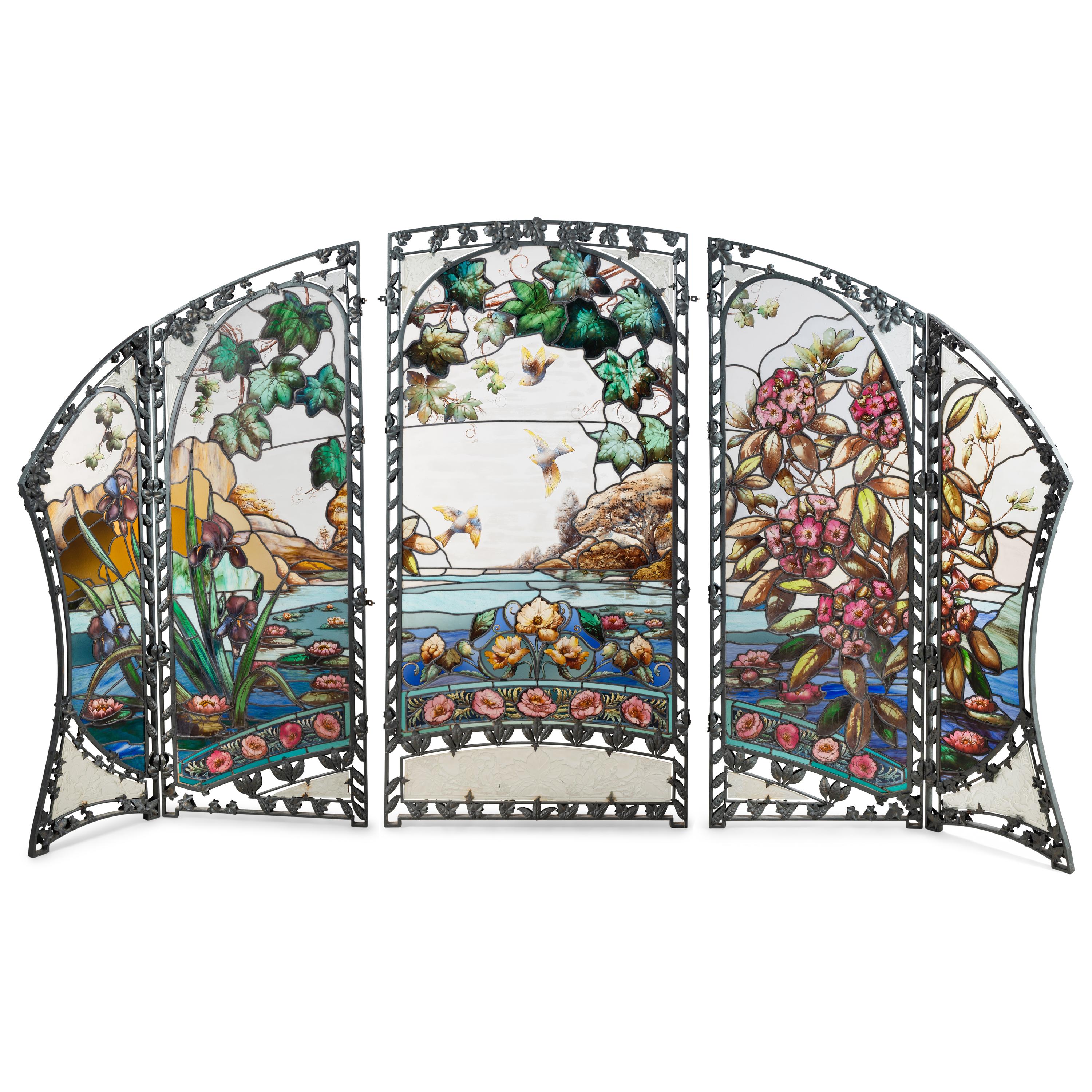 A French Leaded Glass, Painted Iron and Tôle Floor Screen