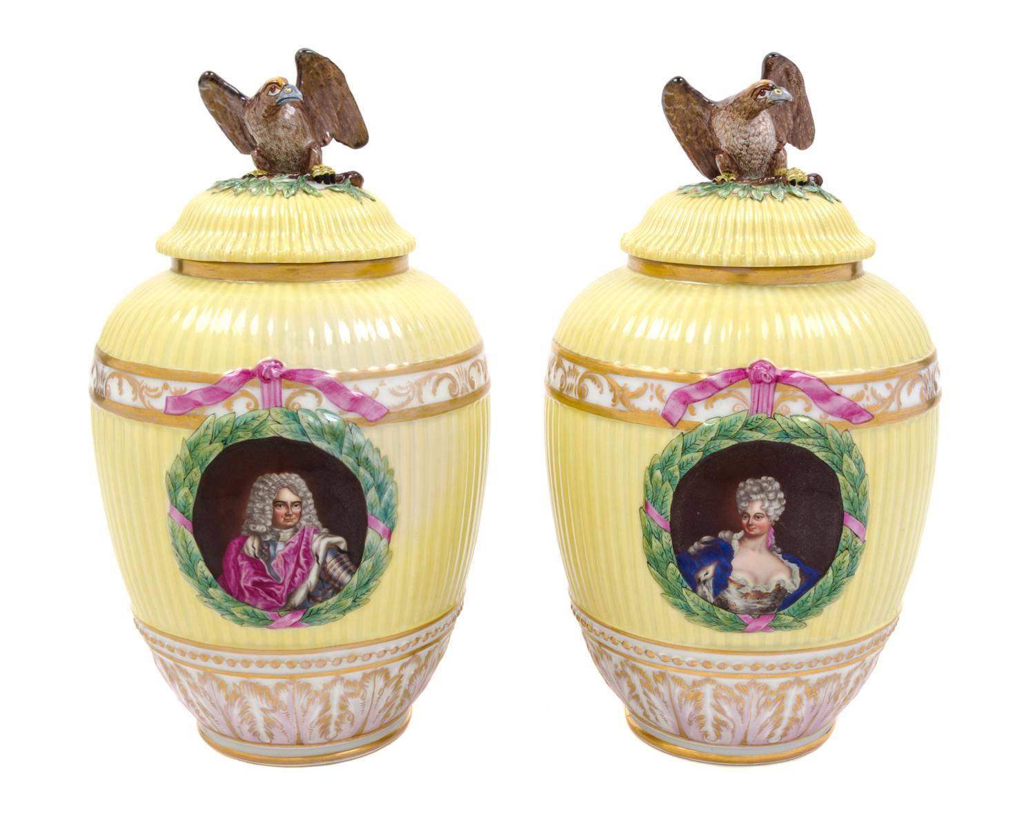 A Pair of Dresden Porcelain Urns Height of each overall 12 1/2 inches. — 19TH CENTURY