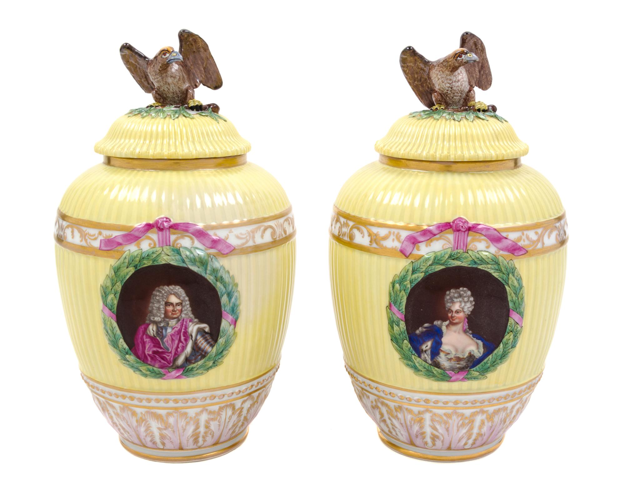 A Pair of Dresden Porcelain Urns Height of each overall 12 1/2 inches. — 19TH CENTURY