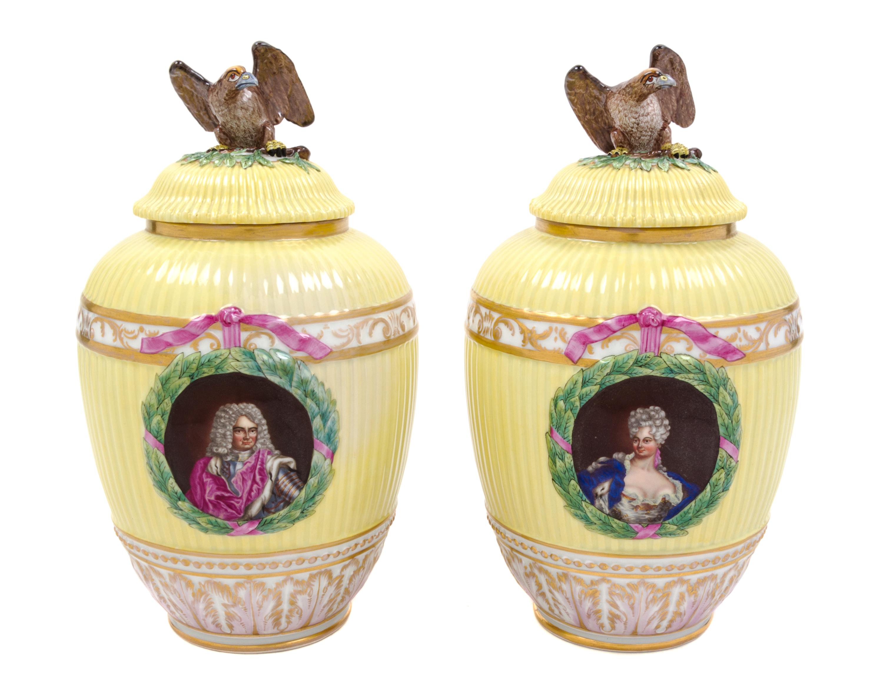 A Pair of Dresden Porcelain Urns Height of each overall 12 1/2 inches. — 19TH CENTURY