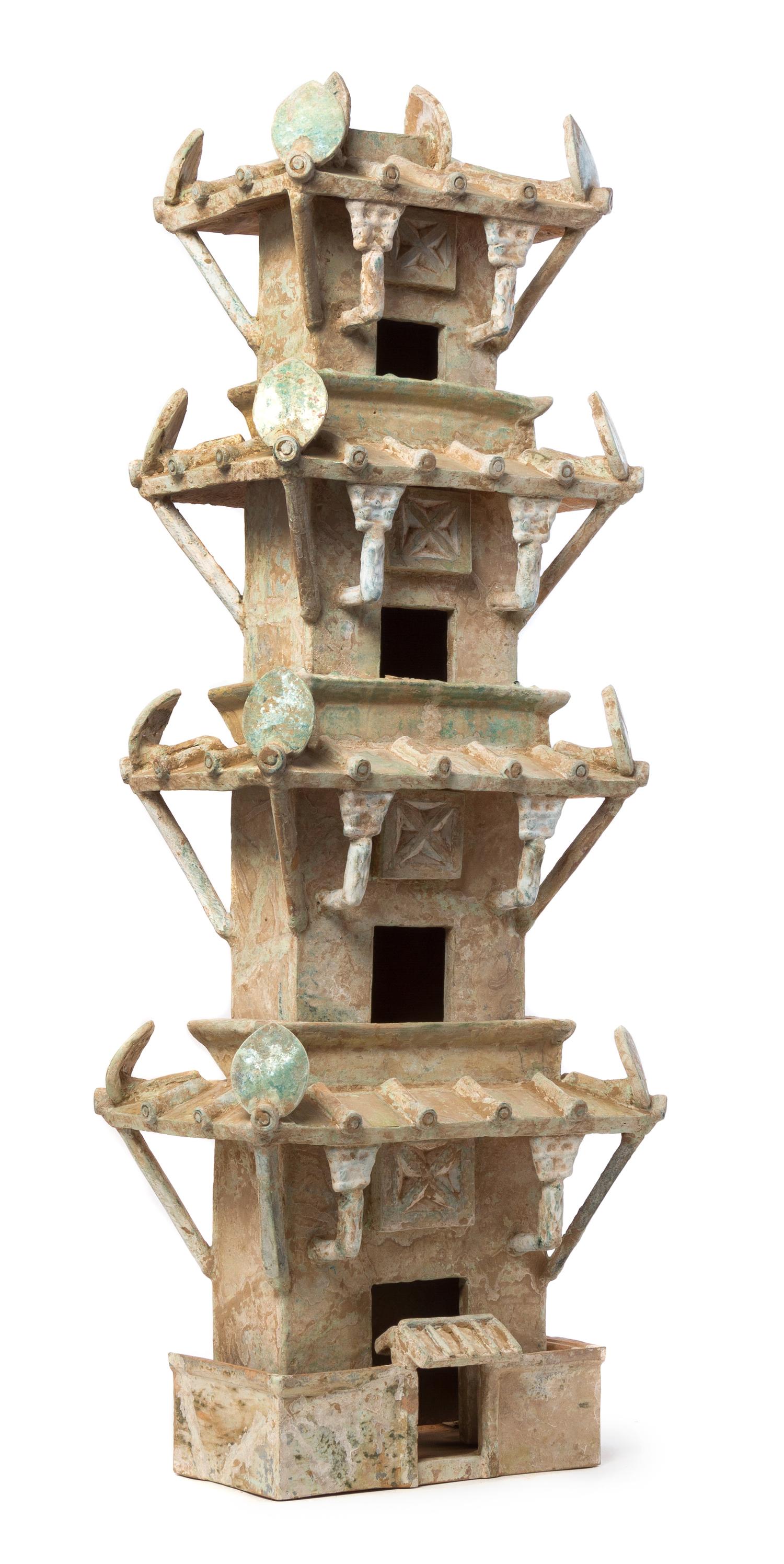 A Large and Impressive Chinese Green Glazed Pottery Model of Five Section Watchtower Height 38 inches. — HAN DYNASTY (206 B.C. - A.D. 220)