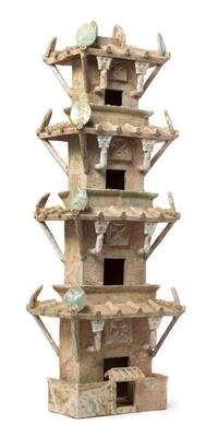 A Large and Impressive Chinese Green Glazed Pottery Model of Five Section Watchtower Height 38 inches. — HAN DYNASTY (206 B.C. - A.D. 220)