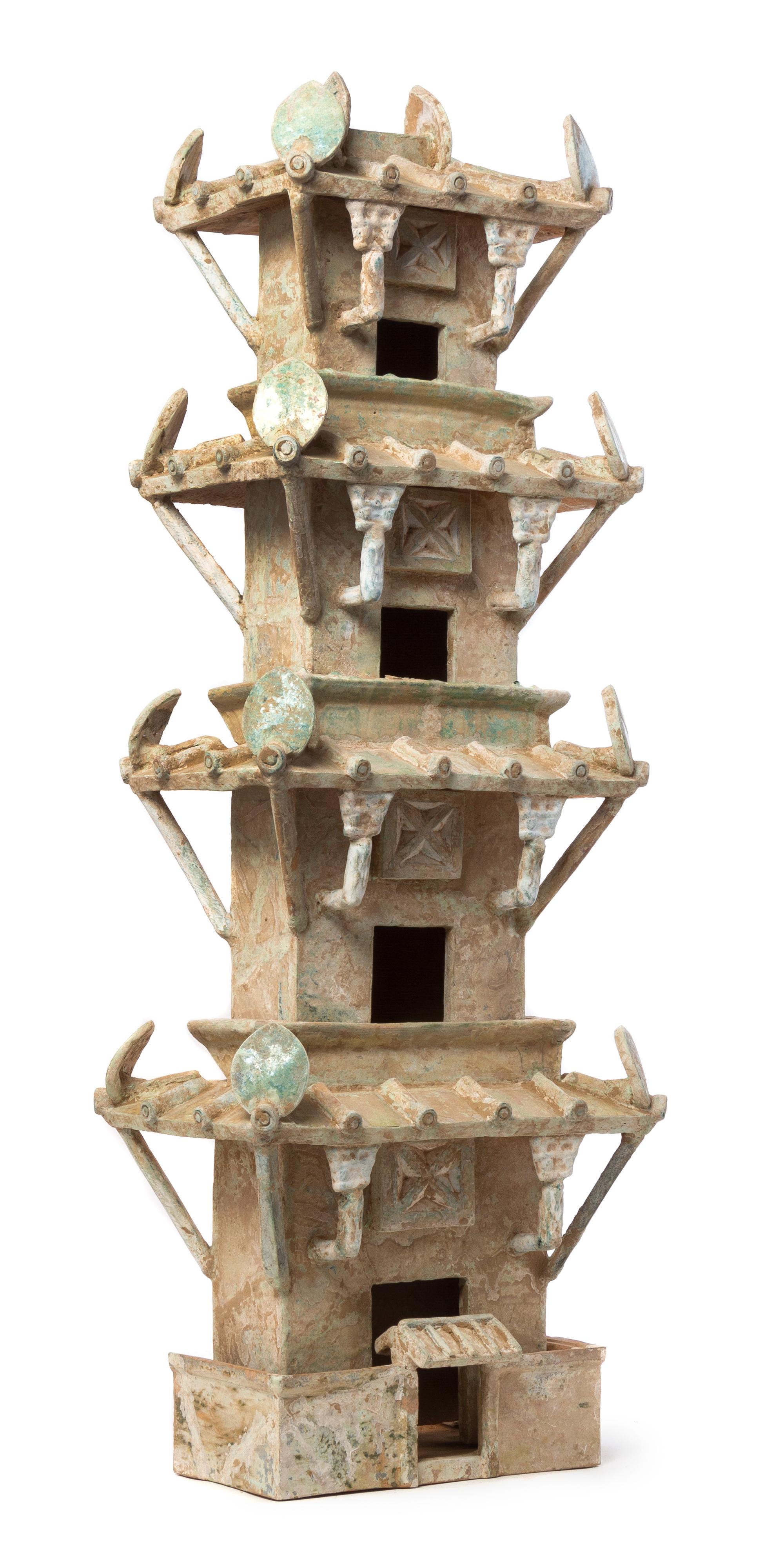 A Large and Impressive Chinese Green Glazed Pottery Model of Five Section Watchtower Height 38 inches. — HAN DYNASTY (206 B.C. - A.D. 220)