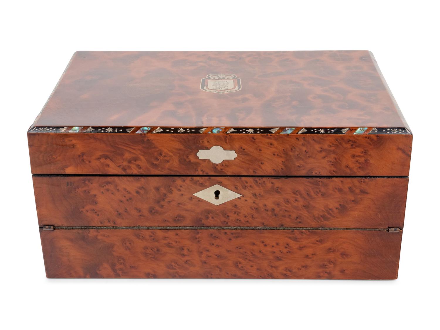 A Late Regency Mother-of-Pearl and Brass Inlaid Burlwood Writing Slope
