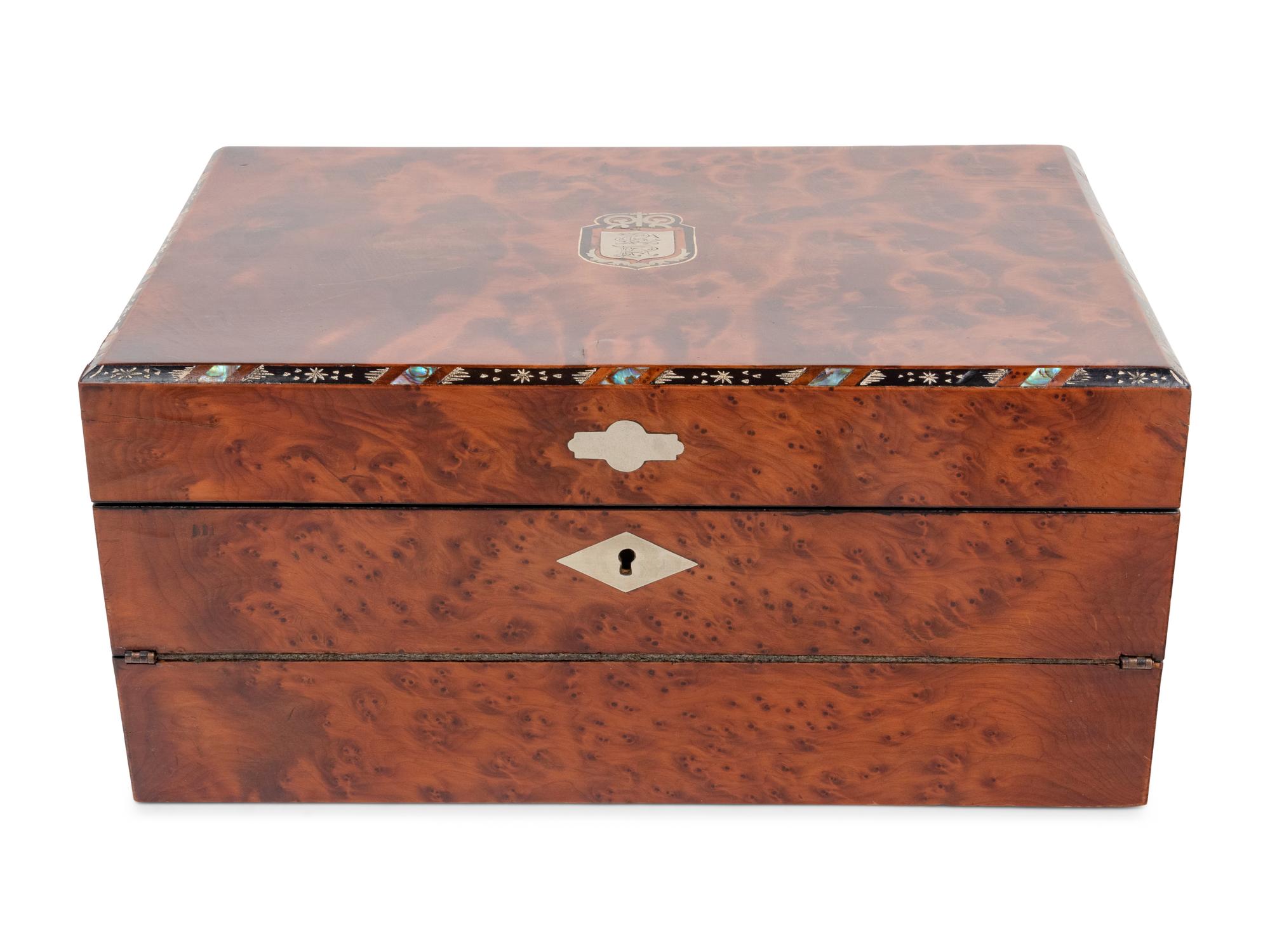 A Late Regency Mother-of-Pearl and Brass Inlaid Burlwood Writing Slope