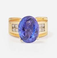 A 14K Yellow Gold, Tanzanite, and Diamond Ring