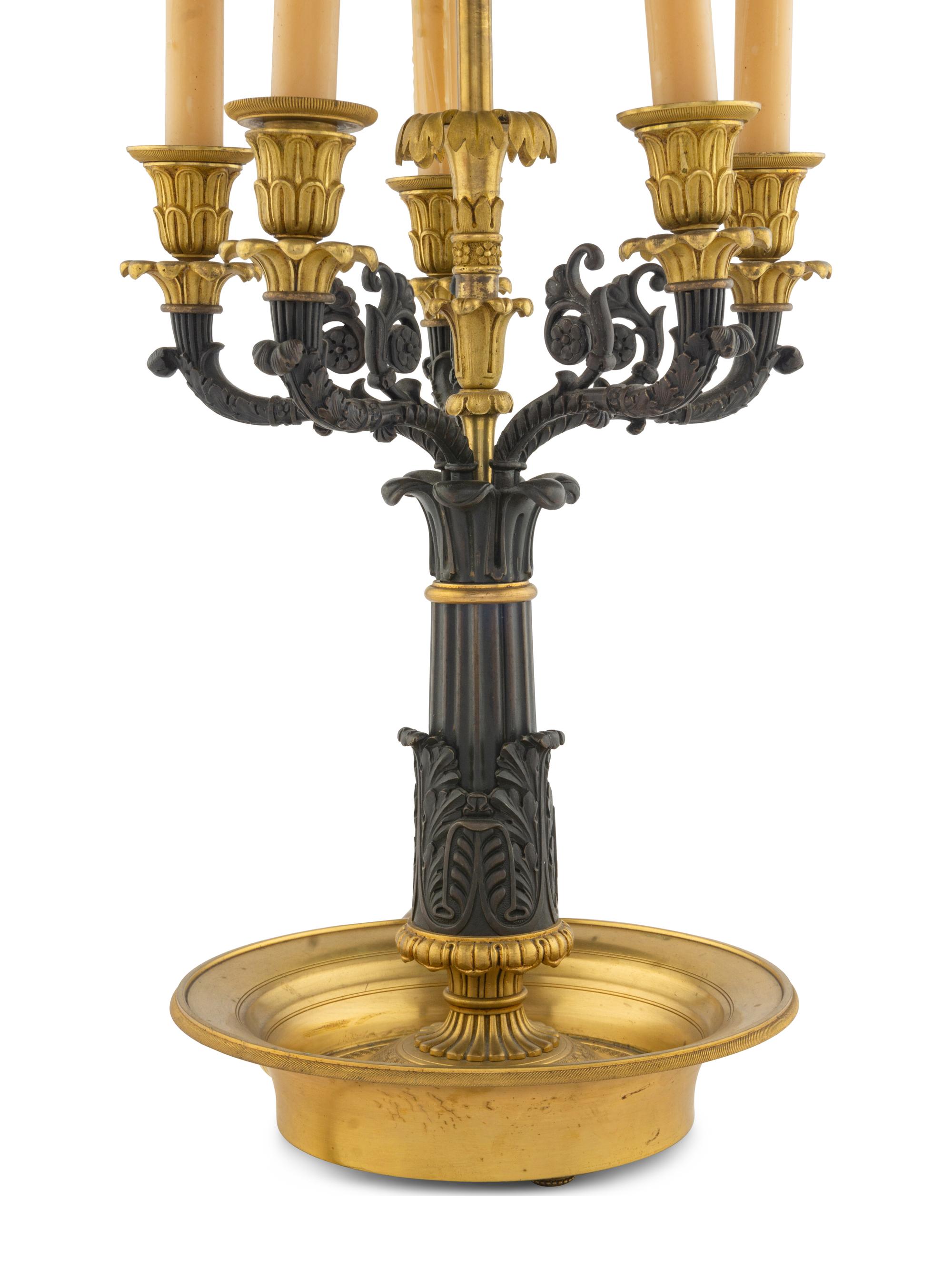 A Charles X Gilt and Patinated Bronze Bouillotte Lamp