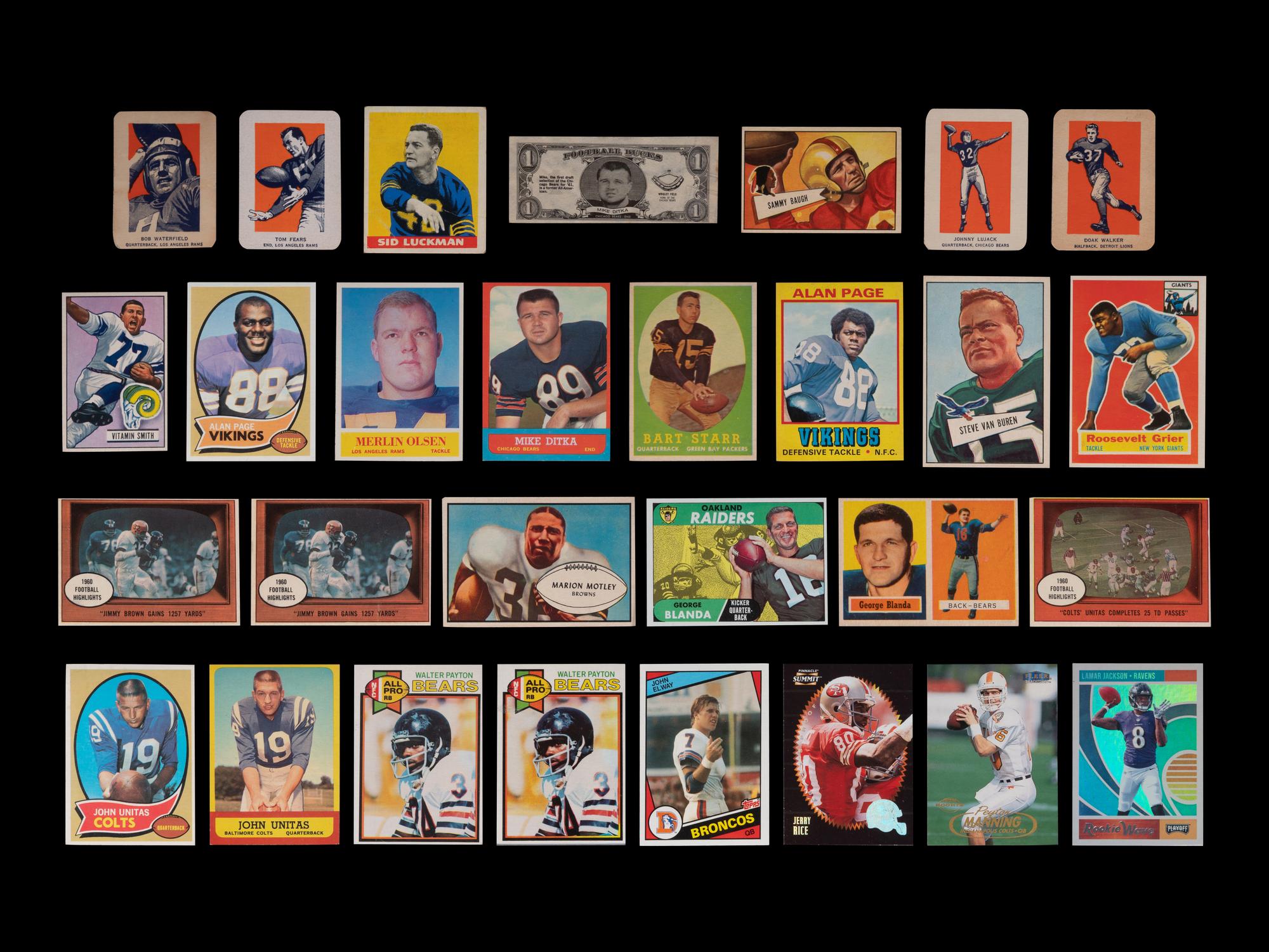 A Group of 27 Assorted Football Hall of Fame Football Cards (Including John Elway, Sid Luckman and Merlin Olsen Rookies),