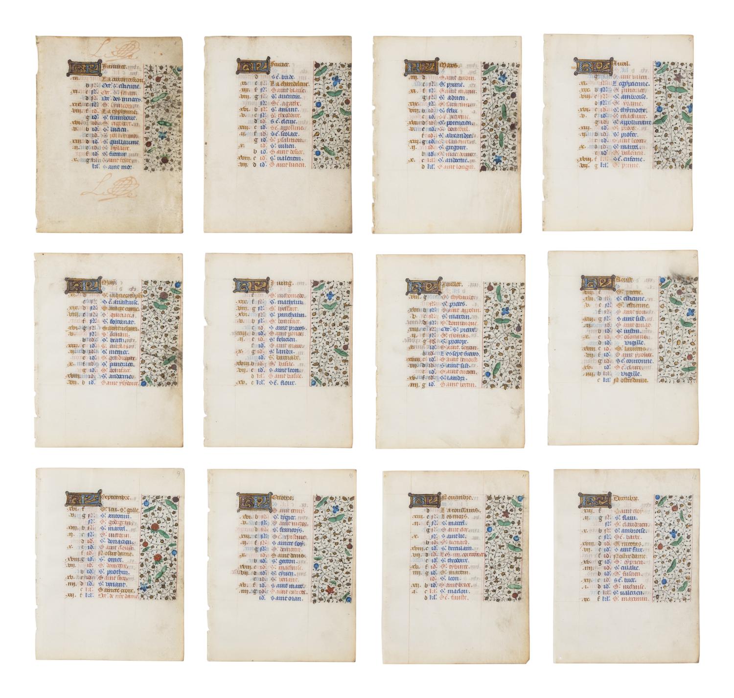FOLLOWER OF THE MASTER OF JEAN ROLIN II (active Paris, c. 1445–1465) Twelve leaves from a Book of Hours, Calendar, in French, illuminated manuscript on parchment [France, Paris, c. 1450–1470]
