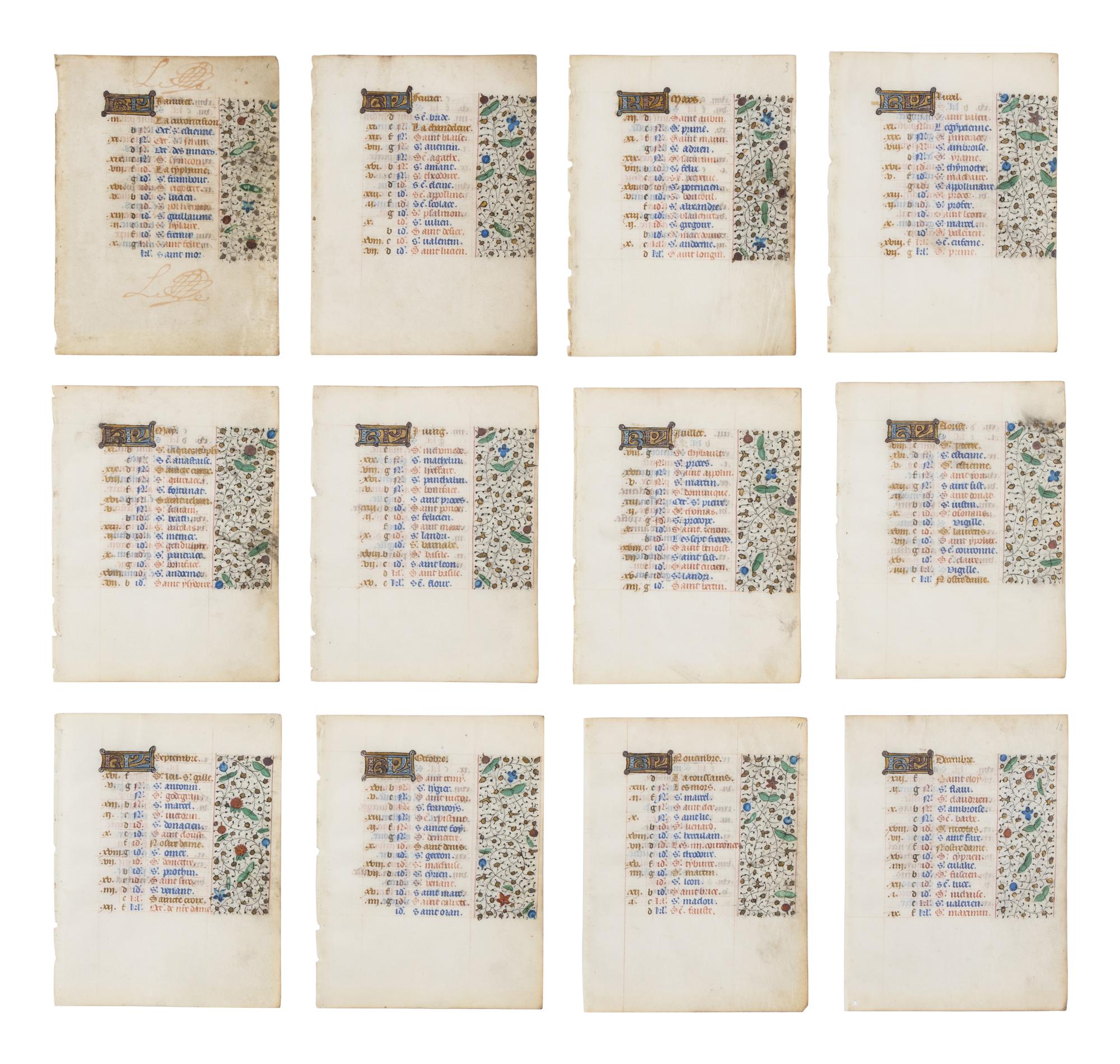 FOLLOWER OF THE MASTER OF JEAN ROLIN II (active Paris, c. 1445–1465) Twelve leaves from a Book of Hours, Calendar, in French, illuminated manuscript on parchment [France, Paris, c. 1450–1470]