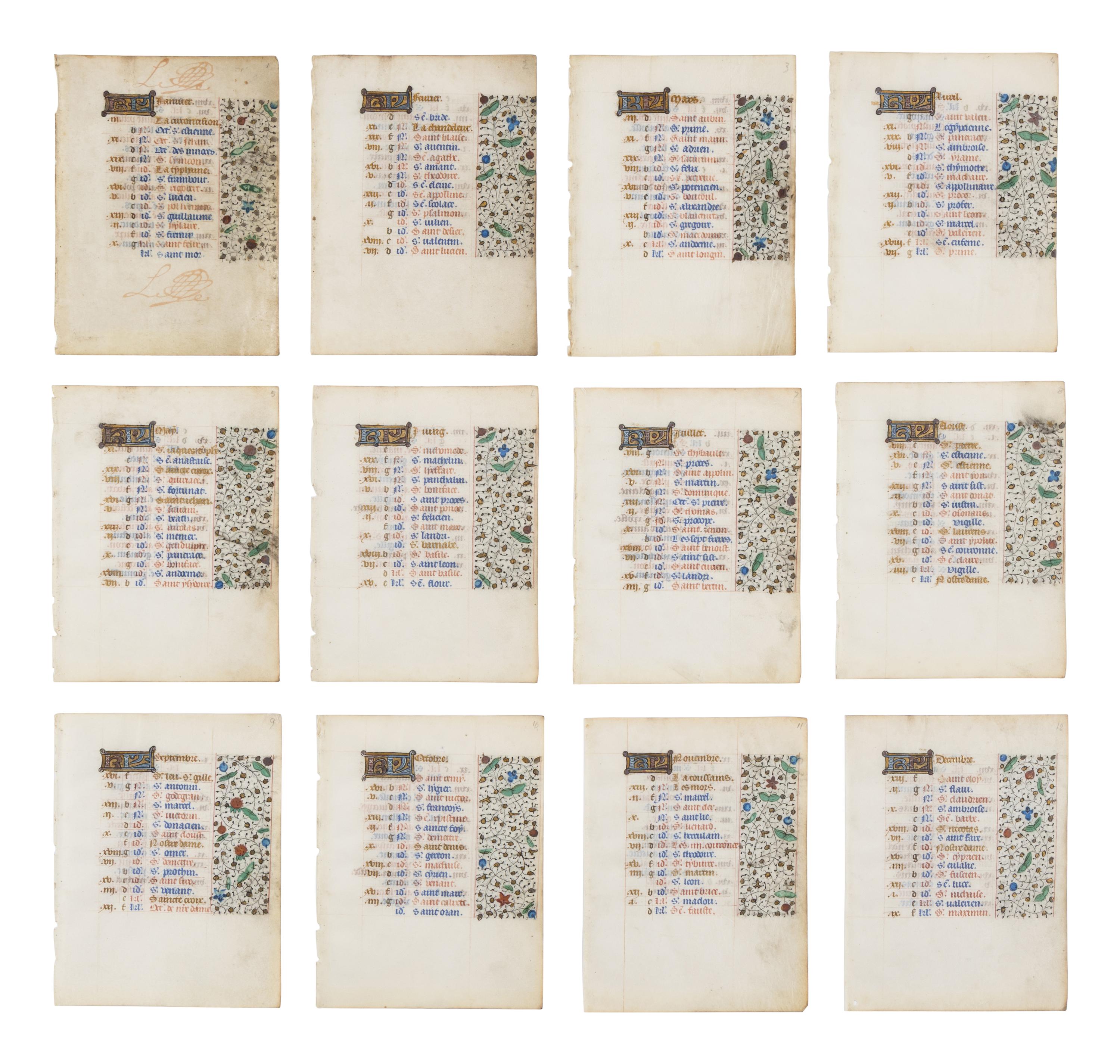 FOLLOWER OF THE MASTER OF JEAN ROLIN II (active Paris, c. 1445–1465) Twelve leaves from a Book of Hours, Calendar, in French, illuminated manuscript on parchment [France, Paris, c. 1450–1470]