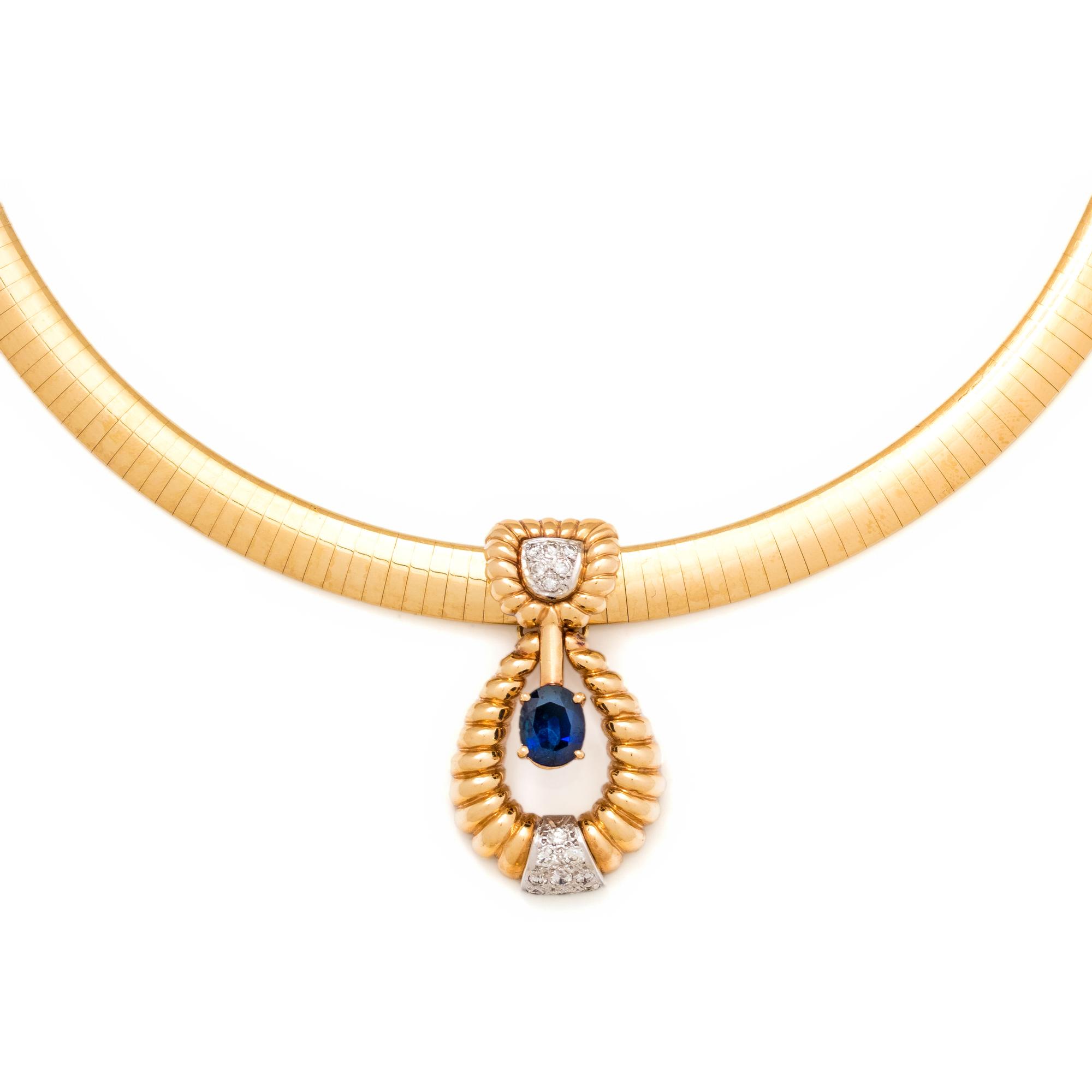 YELLOW GOLD, SAPPHIRE AND DIAMOND PENDANT/NECKLACE