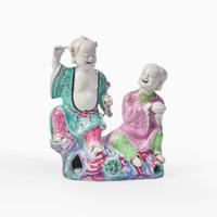 A Chinese export porcelain figural group depicting the "Hehe Erxian" 和合二仙瓷塑 Late Qianlong to Jiaqing period ? ???????