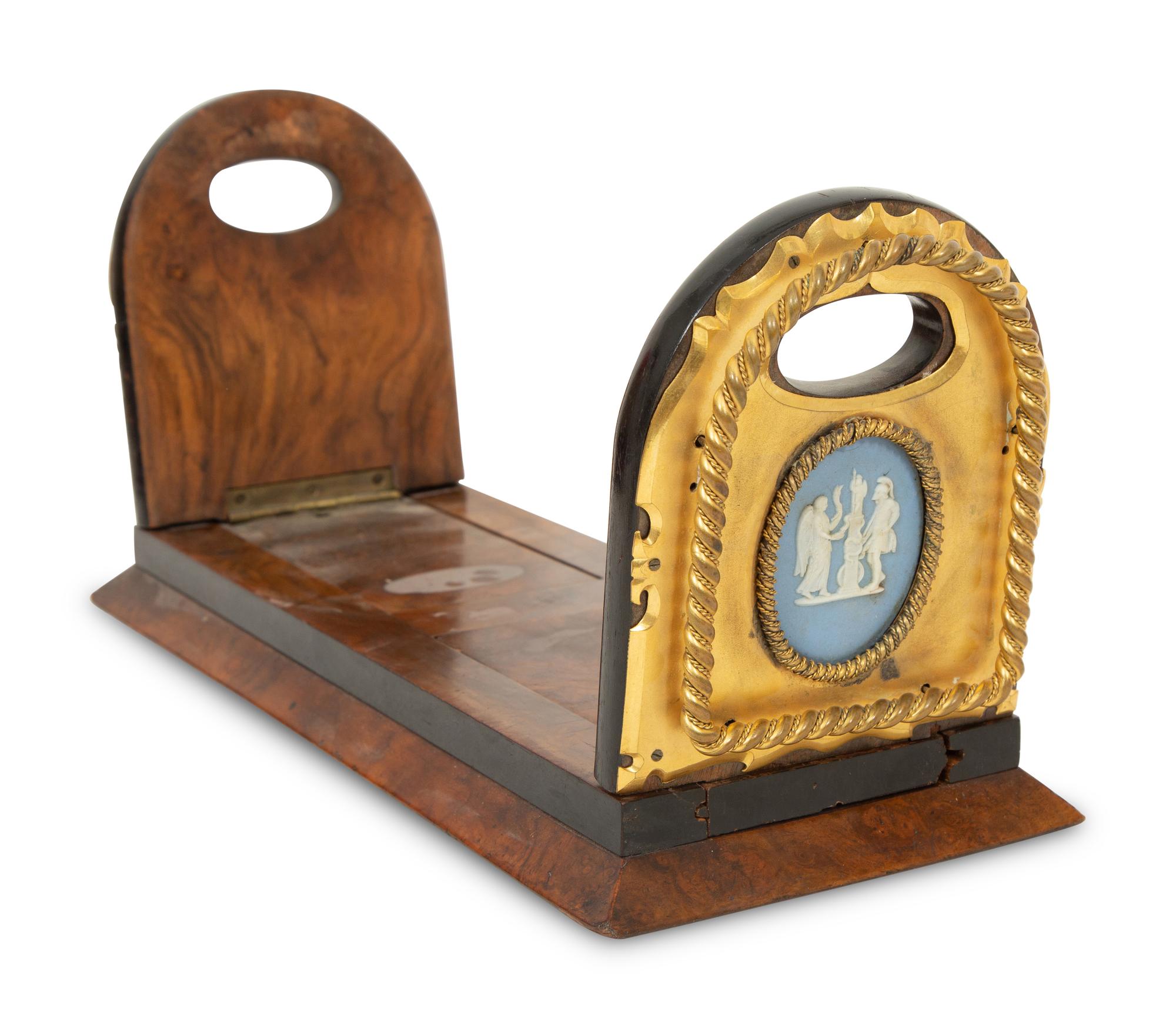 A Wedgwood Jasperware Mounted Brass and Wooden Bookend and Inkwell