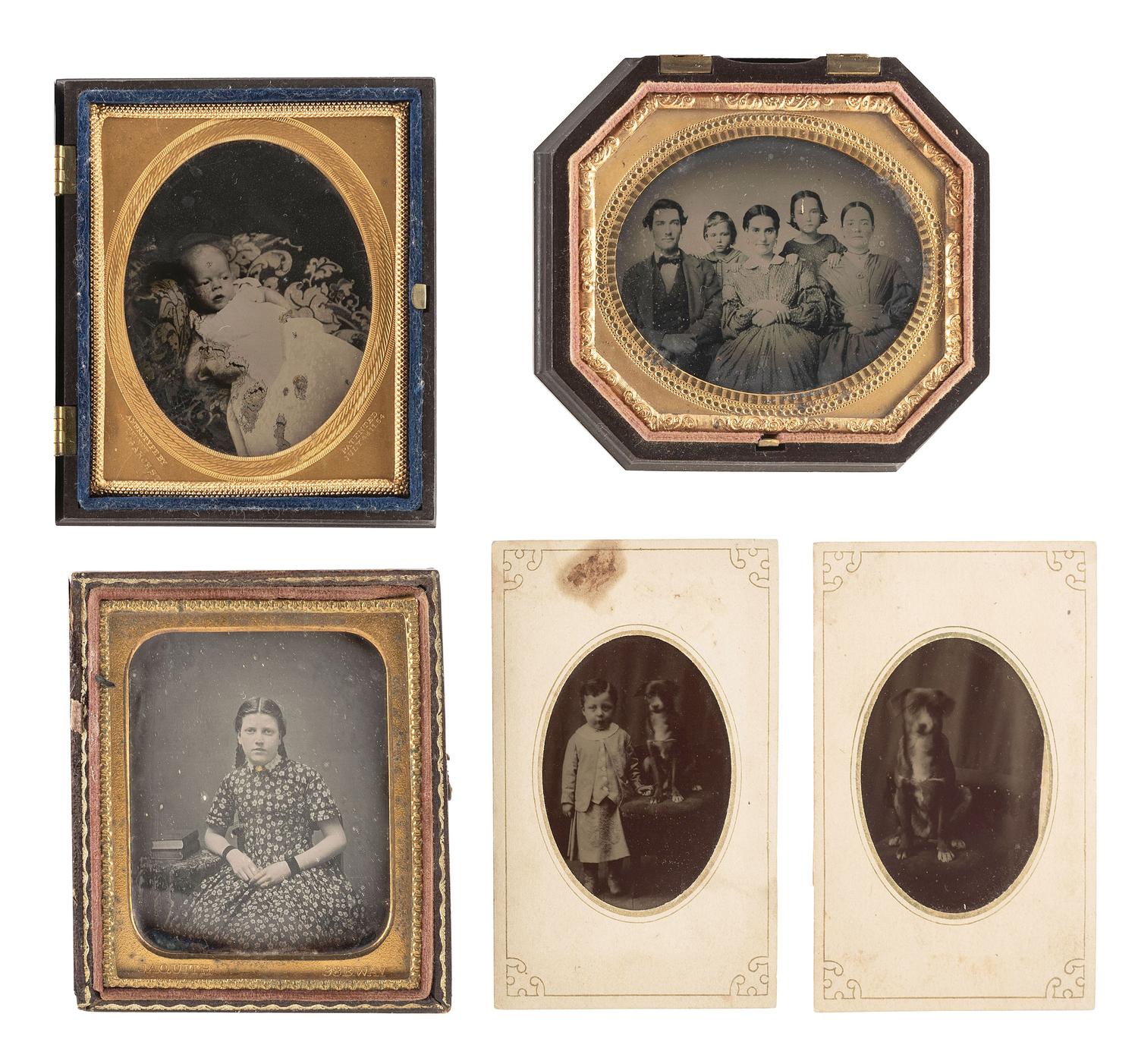 [EARLY PHOTOGRAPHY]. A group of 24 daguerreotypes, ambrotypes, tintypes, and CDVs of children of varying ages, incl. a young boy posed with his dog.