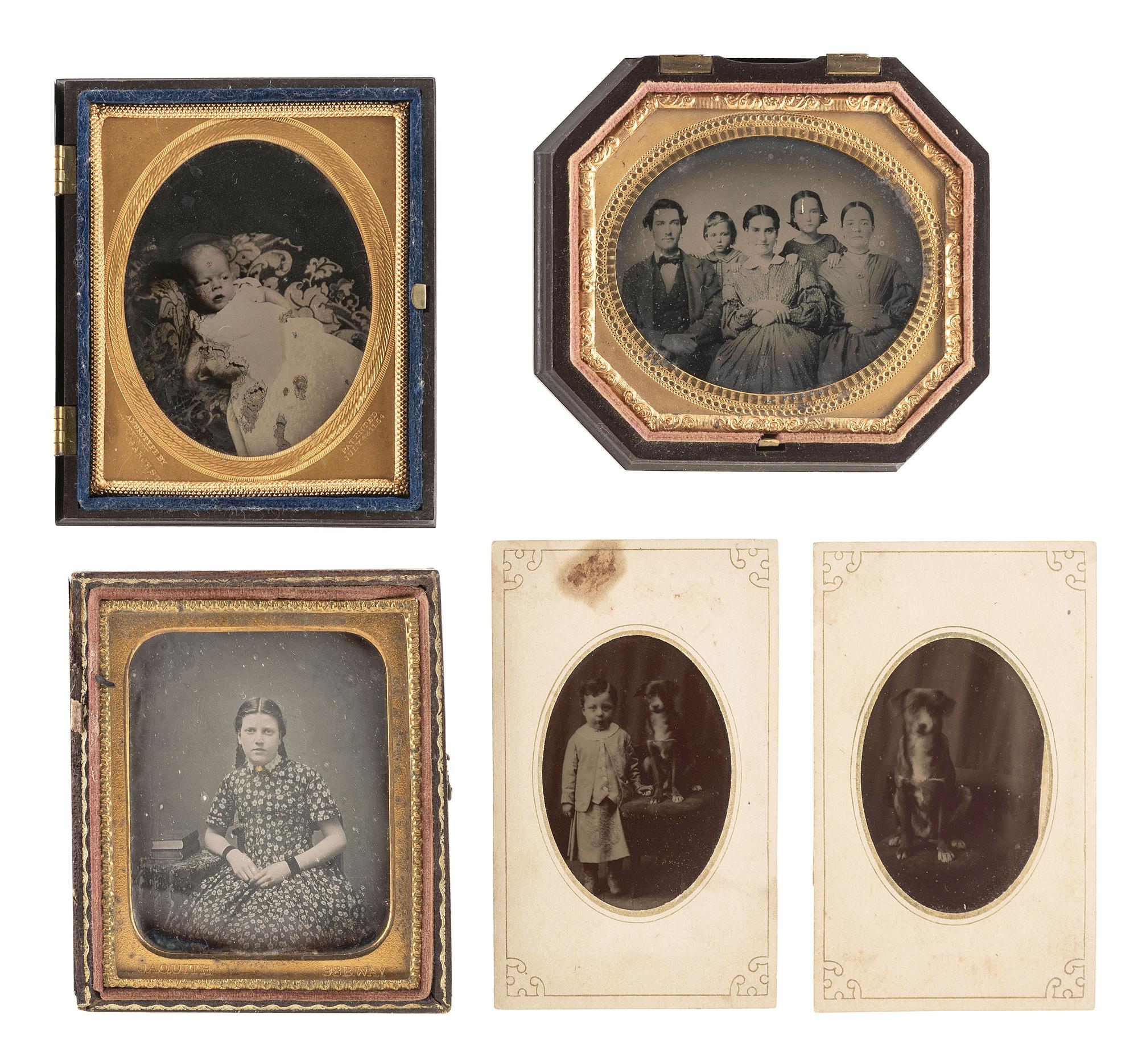 [EARLY PHOTOGRAPHY]. A group of 24 daguerreotypes, ambrotypes, tintypes, and CDVs of children of varying ages, incl. a young boy posed with his dog.
