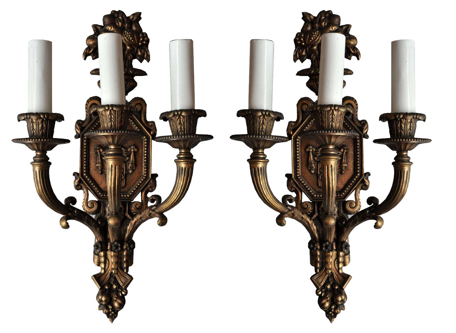 A Pair of Bronze Three-Arm Sconces 11" W x 7" D x 18" H — United States, Circa 1920