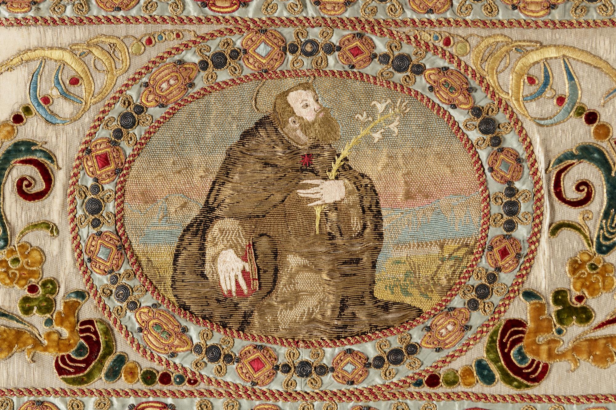 A Continental Petit-Point and Metallic Thread Embroidered Ecclesiastical Panel