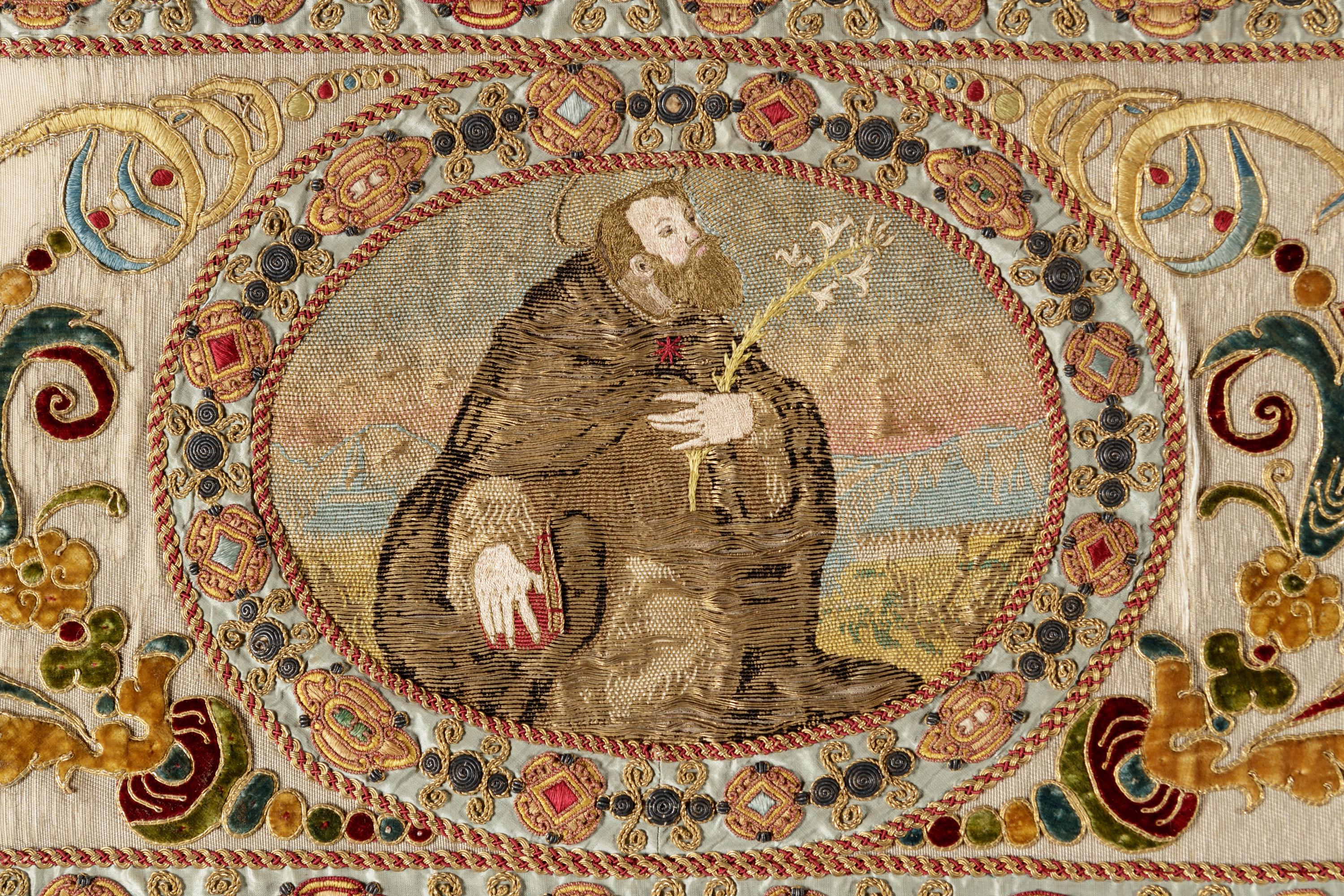 A Continental Petit-Point and Metallic Thread Embroidered Ecclesiastical Panel