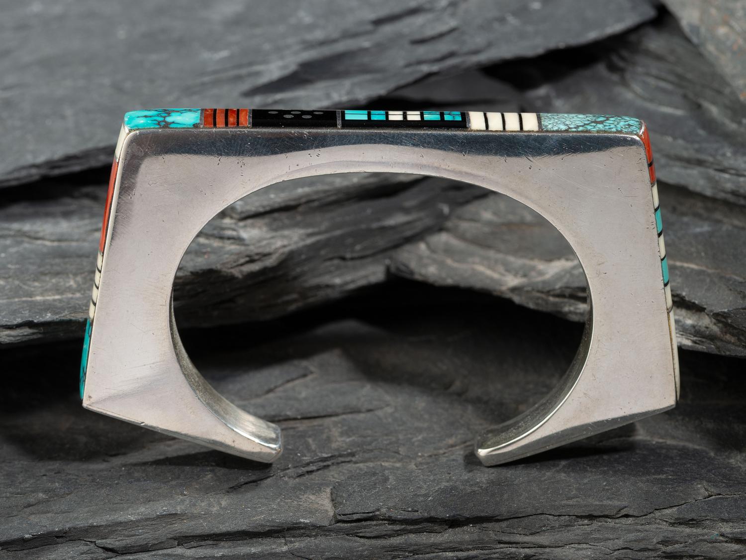 Angular Sterling Silver Cuff Bracelet, with Mosaic Inlay