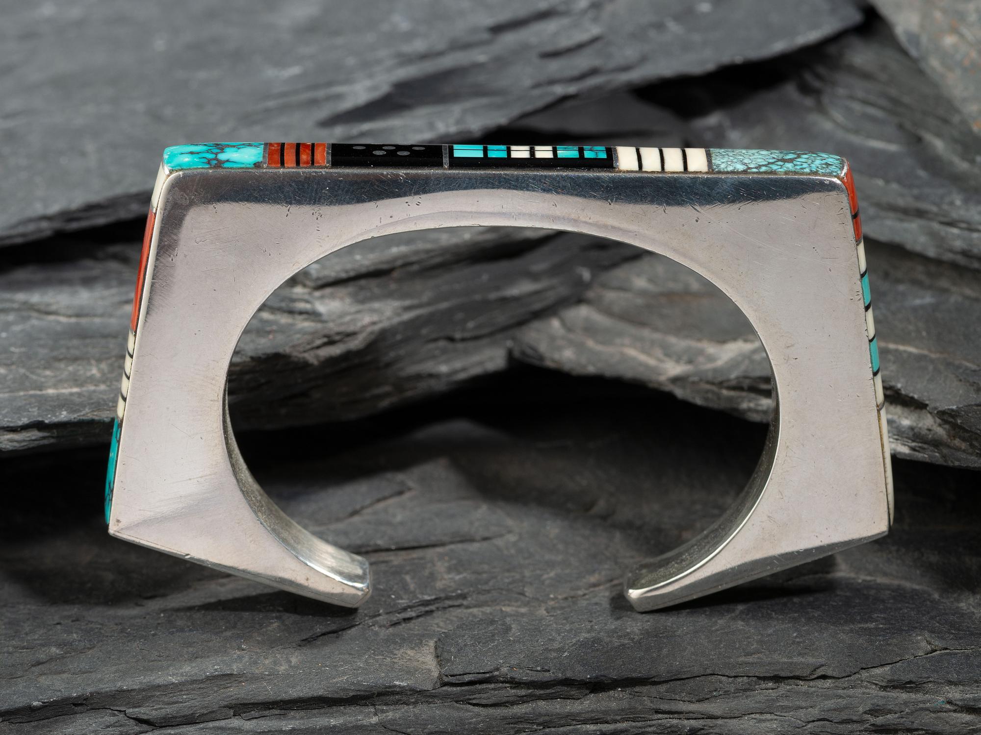 Angular Sterling Silver Cuff Bracelet, with Mosaic Inlay