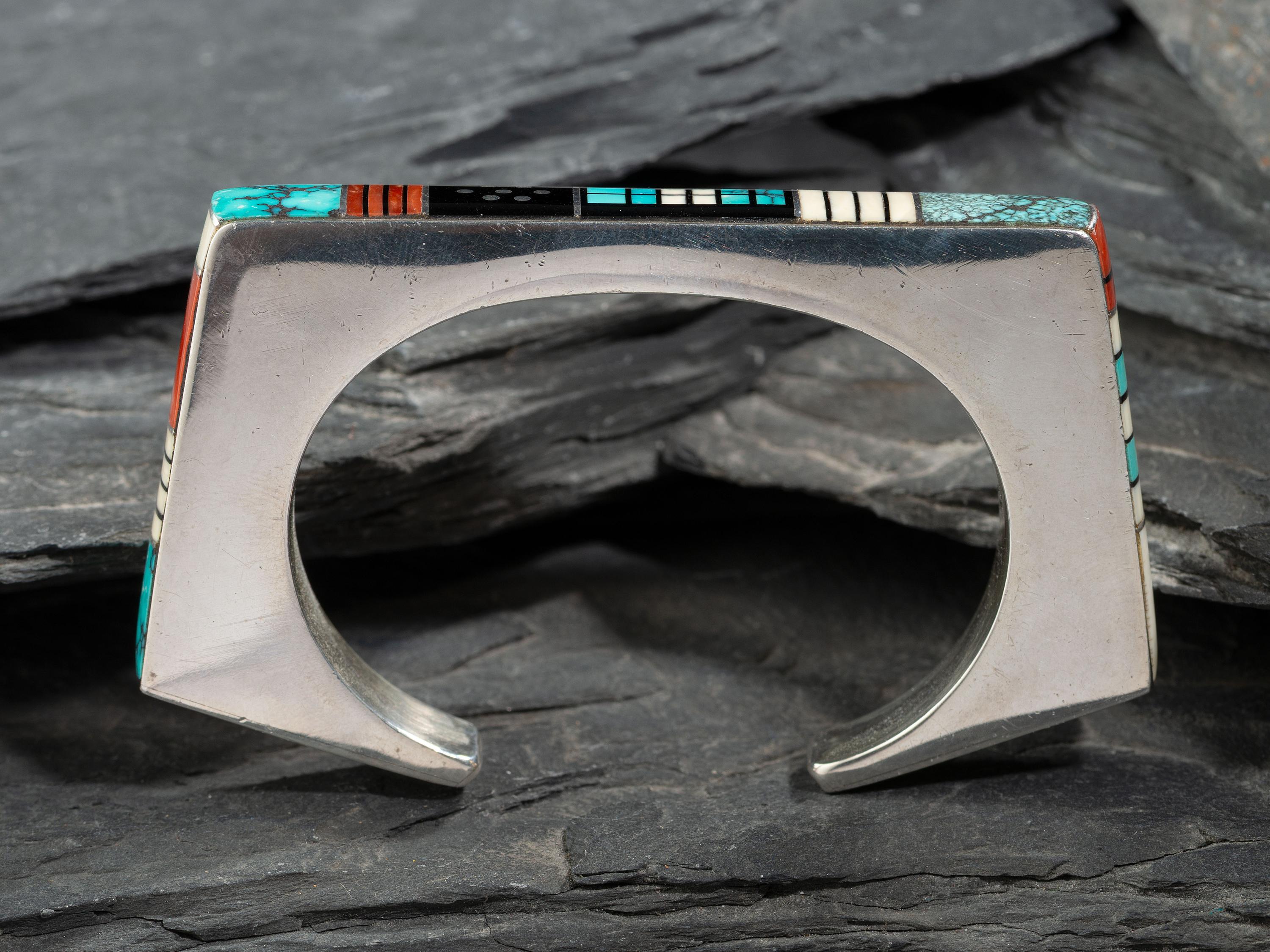 Angular Sterling Silver Cuff Bracelet, with Mosaic Inlay
