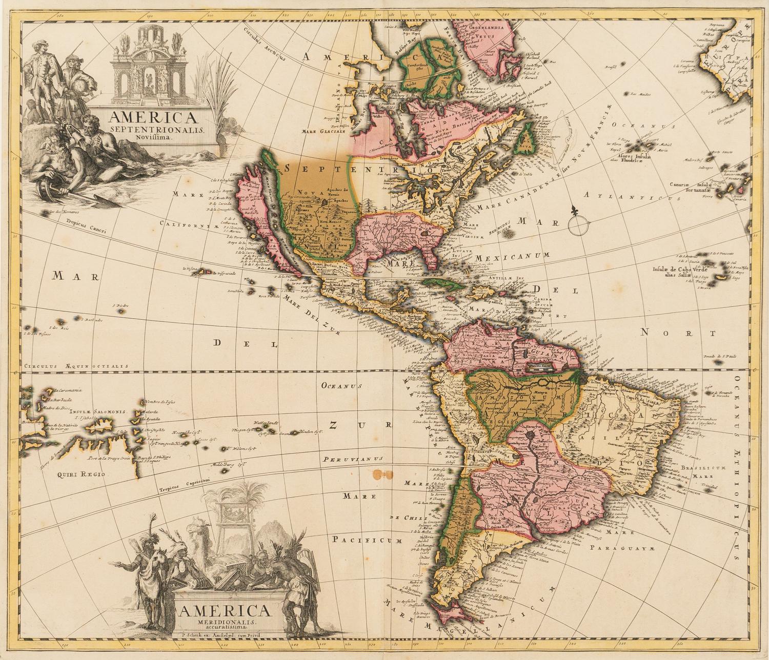 [MAP]. SCHENCK, Peter (1660-1711). America Septentrionalis Novissima -America Meridionalis Accuratissima.Amsterdam, 1696.