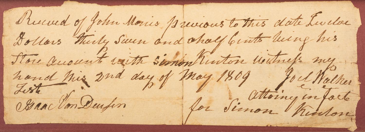 [KENTON, Simon (1755-1836).] An 1809 document signed by Simon Kenton's lawyer, Joel Walker, and another signed by his brother, John Kenton, in 1812.