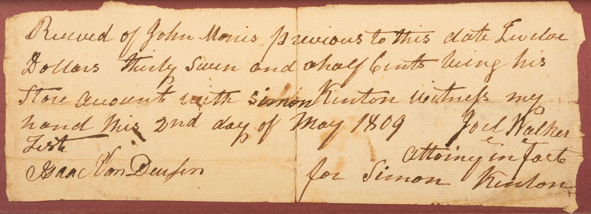 [KENTON, Simon (1755-1836).] An 1809 document signed by Simon Kenton's lawyer, Joel Walker, and another signed by his brother, John Kenton, in 1812.