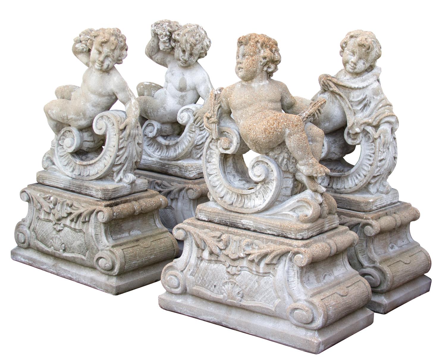 A Group of Four Cast Stone Allegorical Figures Height of each 47 x width 31 x depth 15 inches. — 20TH CENTURY