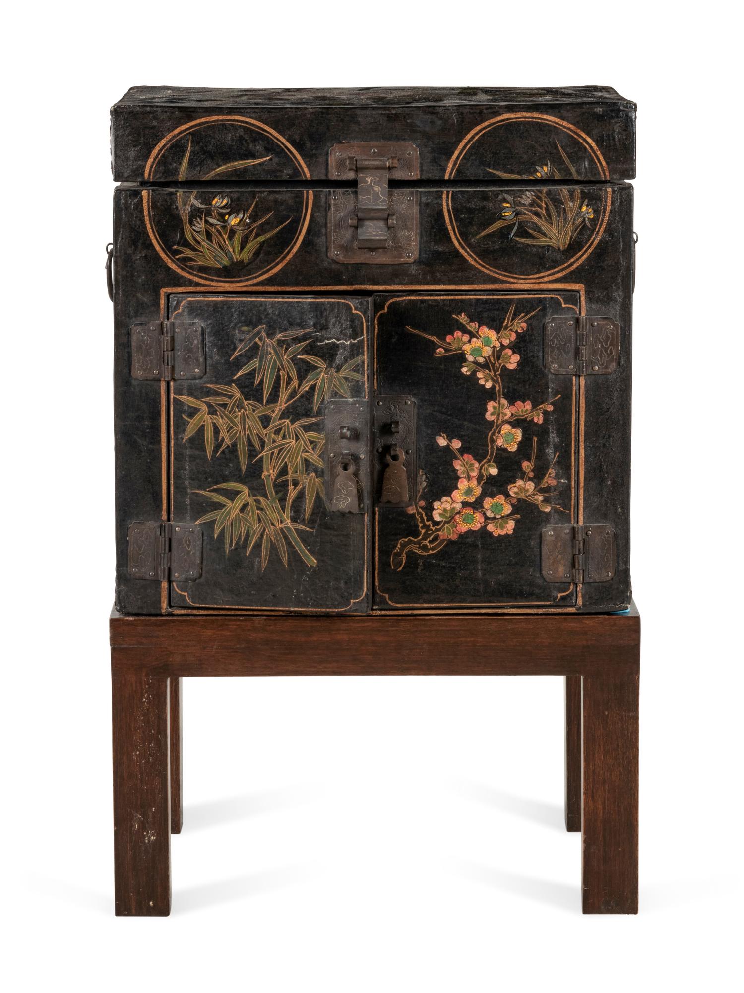 A Chinese Export Papier-Mâché Cabinet on Later Stand