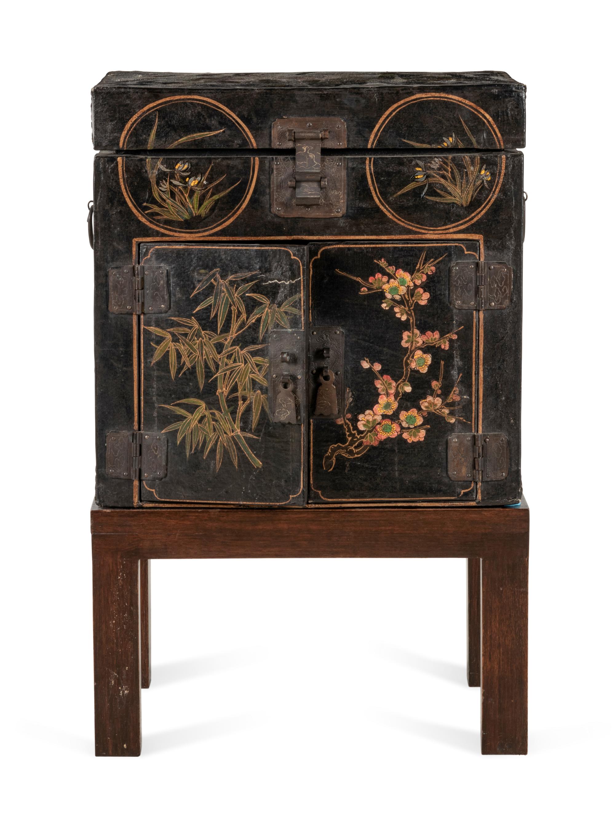 A Chinese Export Papier-Mâché Cabinet on Later Stand