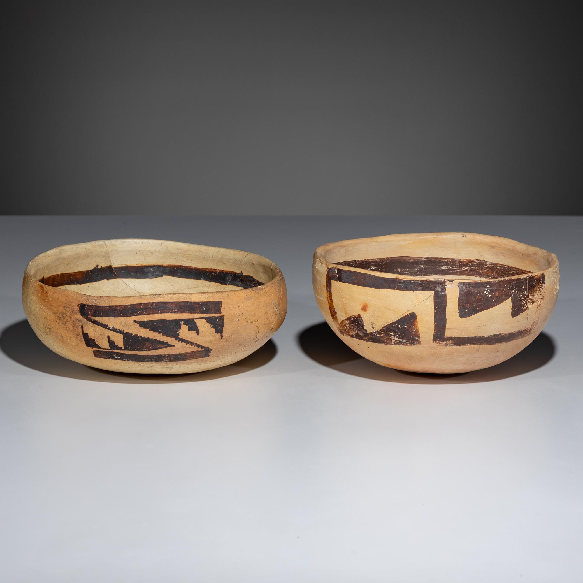 Ancestral Pueblo, Jeddito Black-on-Yellow Pottery Bowls, with Geometric Designs