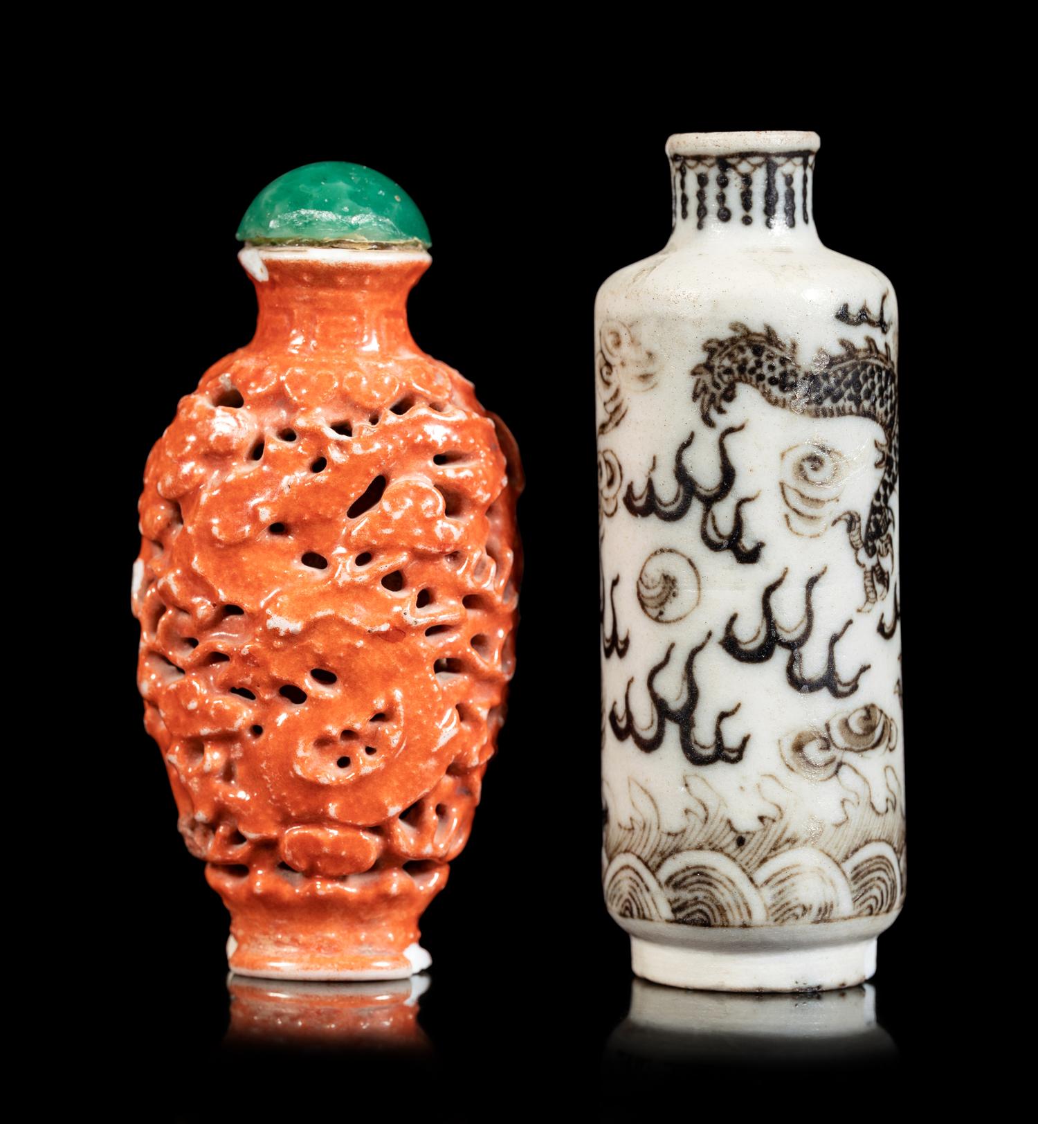 Two Chinese Porcelain 'Dragon' Snuff Bottles