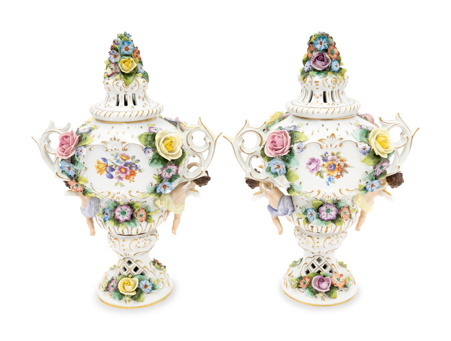 A Pair of Sitzendorf Porcelain Urns
