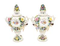 A Pair of Sitzendorf Porcelain Urns
