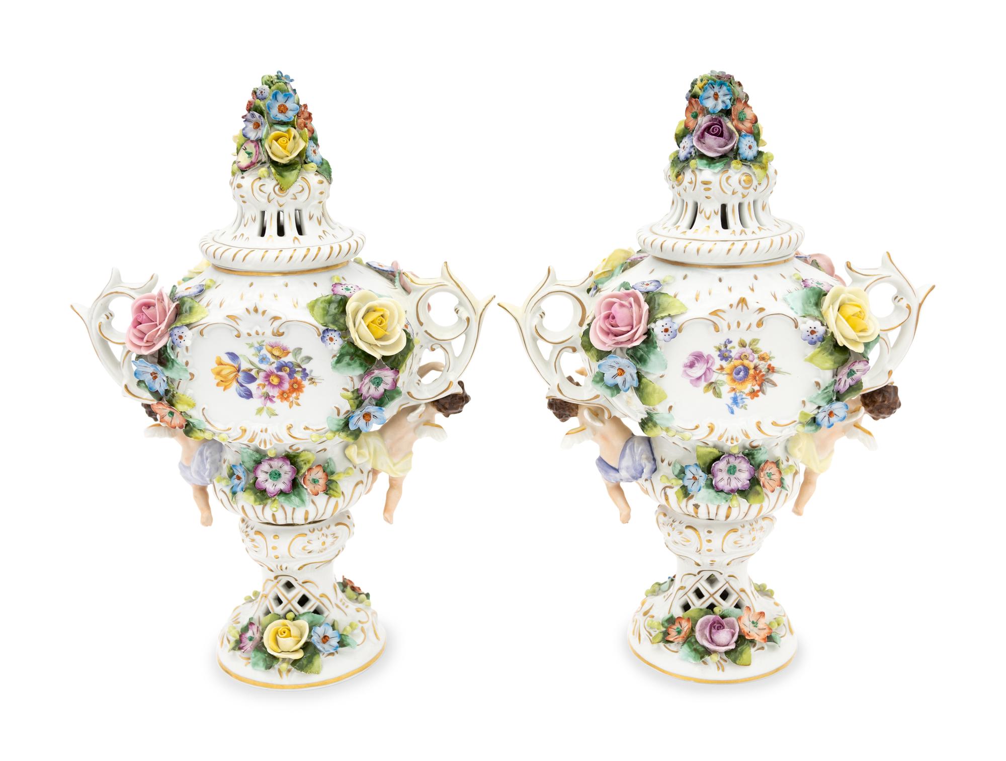 A Pair of Sitzendorf Porcelain Urns