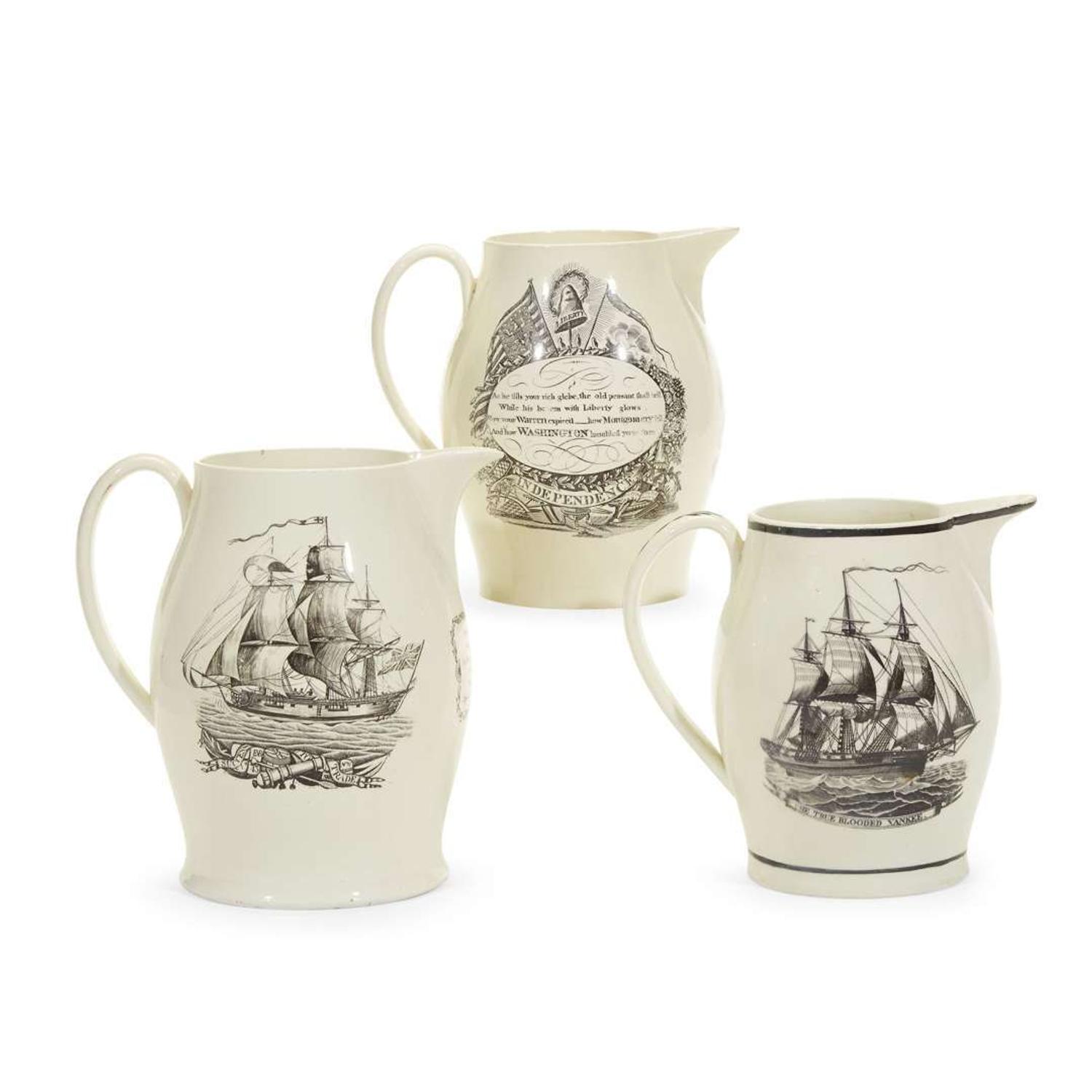 Three transfer-decorated and enameled creamware presentation jugs Liverpool, England, circa 1800