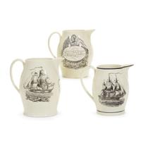 Three transfer-decorated and enameled creamware presentation jugs Liverpool, England, circa 1800