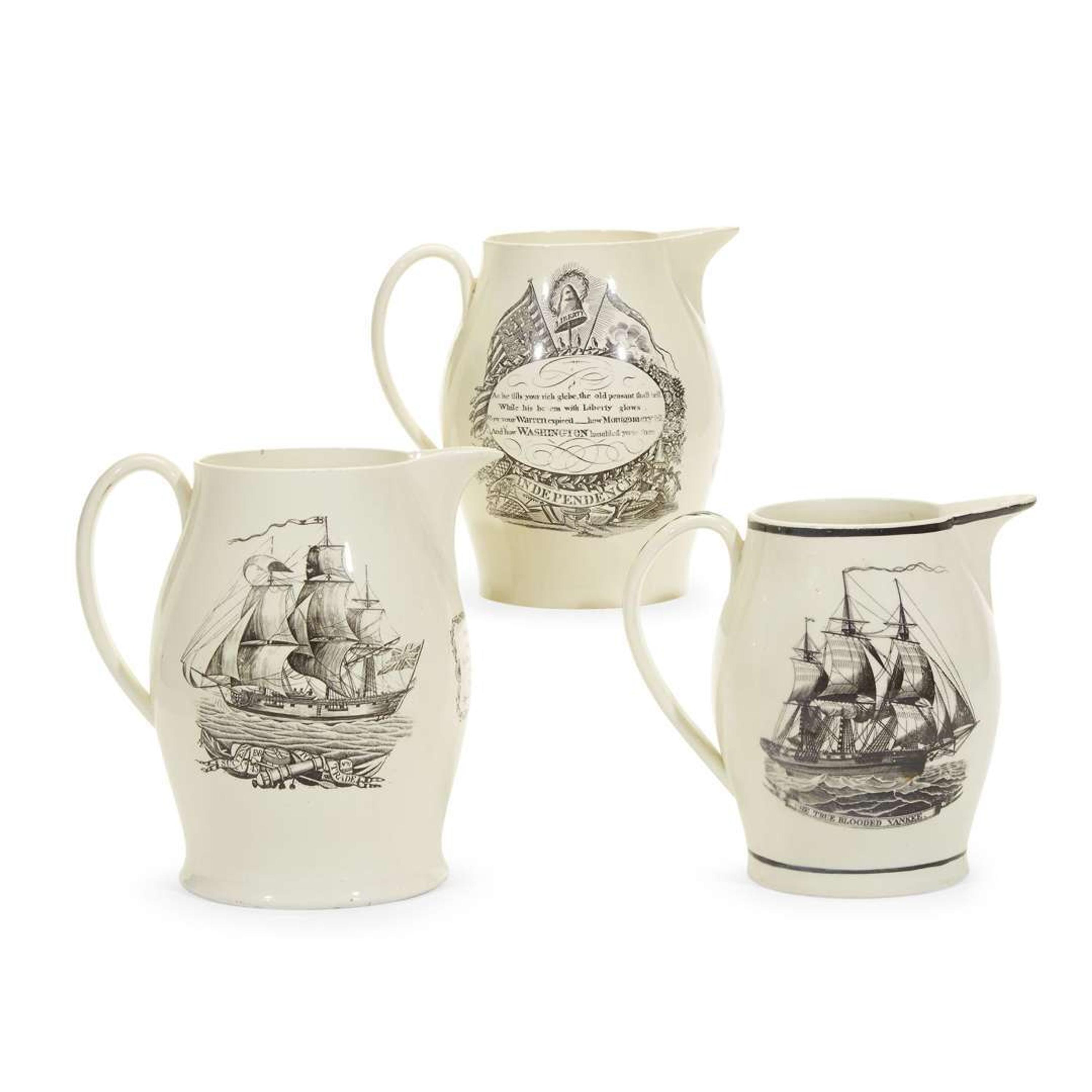 Three transfer-decorated and enameled creamware presentation jugs Liverpool, England, circa 1800