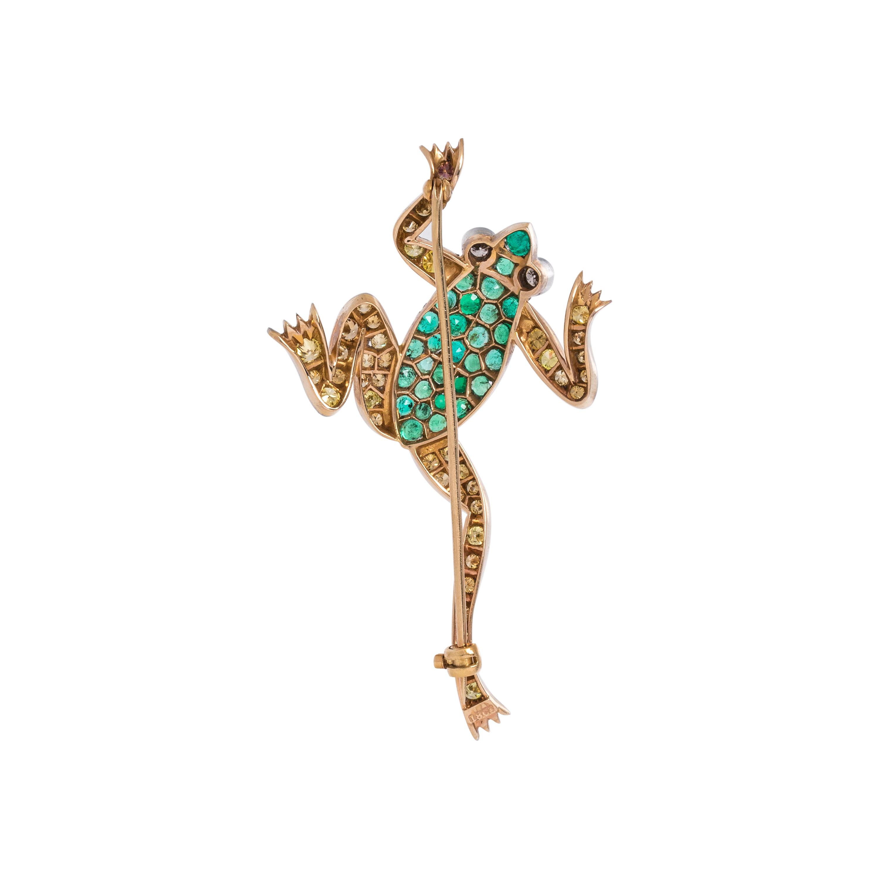 DIAMOND, COLORED DIAMOND AND EMERALD FROG BROOCH