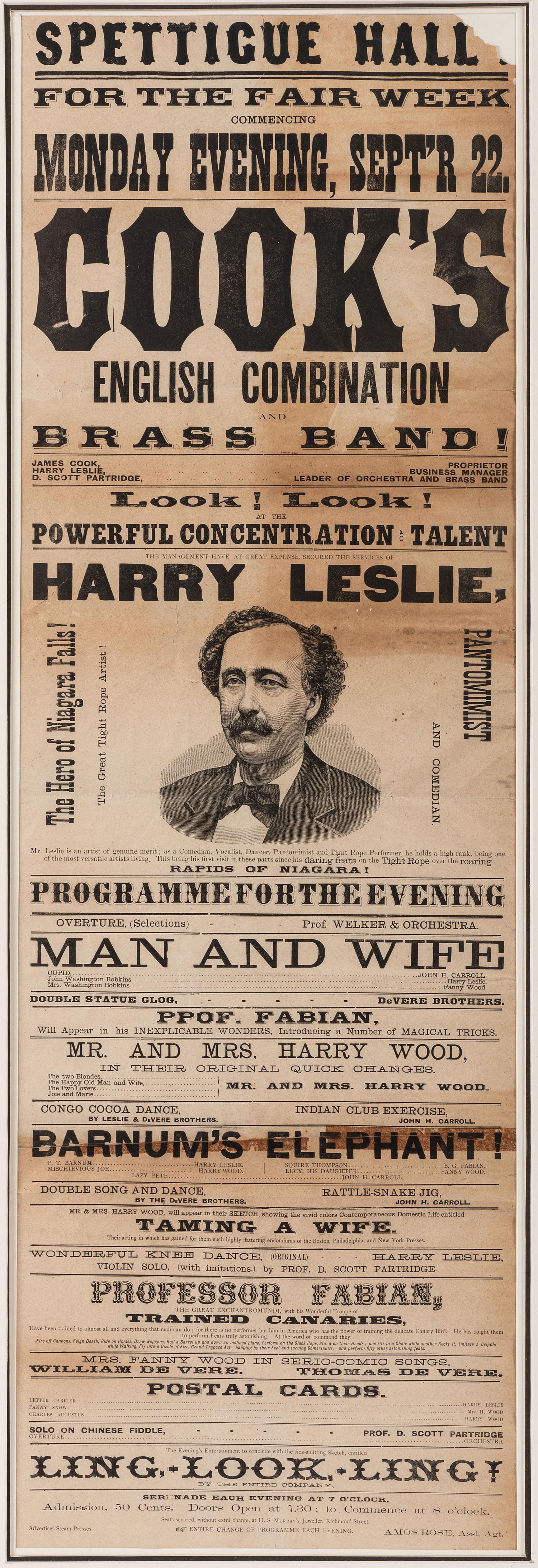 A Printed Broadside Advertising the Performance of 'Cook's English Combination Brass Band!'