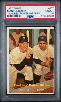 A 1957 Topps Mickey Mantle Yogi Berra Yankees Power Hitters Baseball Card No. 407 (PSA 2.5 GOOD+)