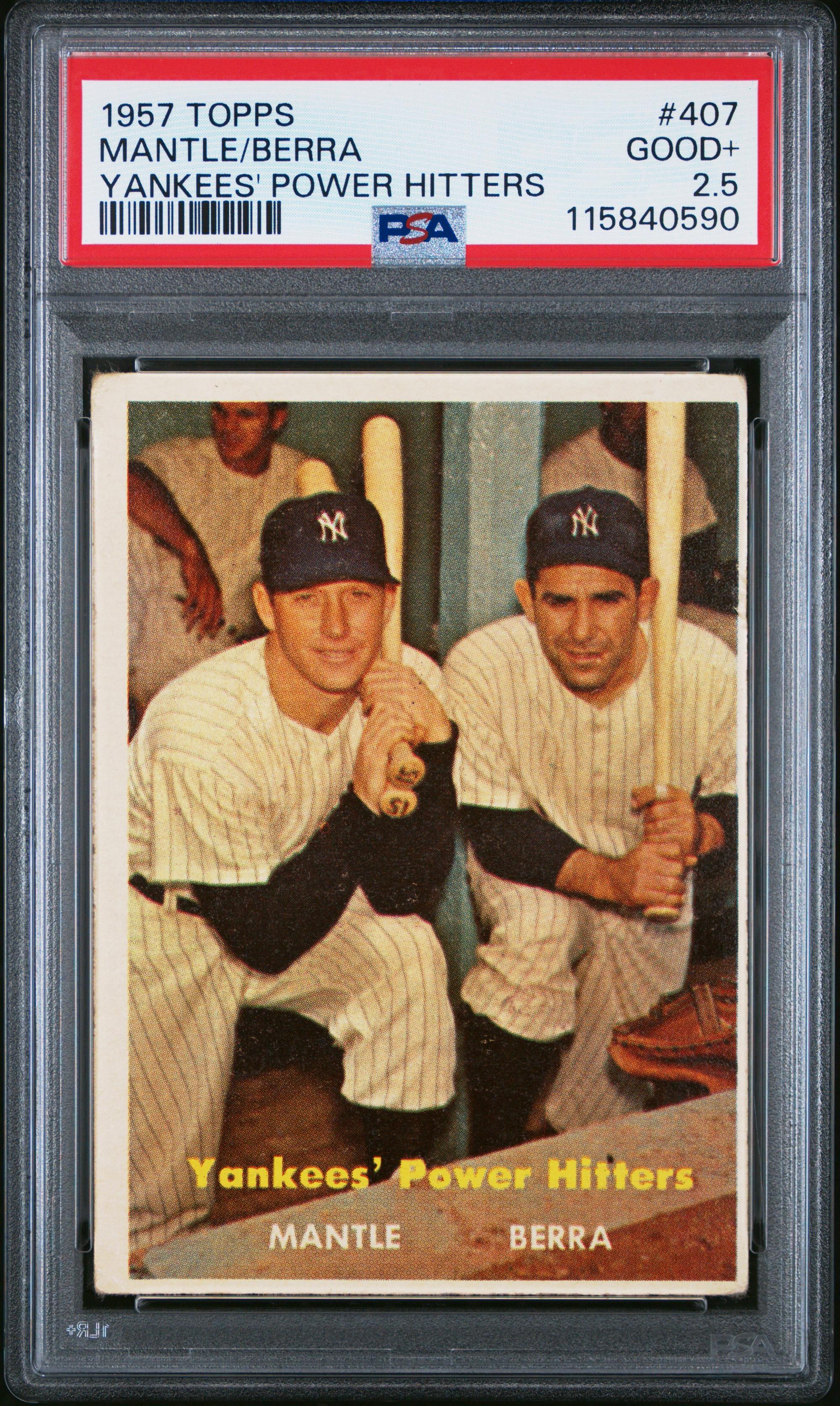 A 1957 Topps Mickey Mantle Yogi Berra Yankees Power Hitters Baseball Card No. 407 (PSA 2.5 GOOD+)