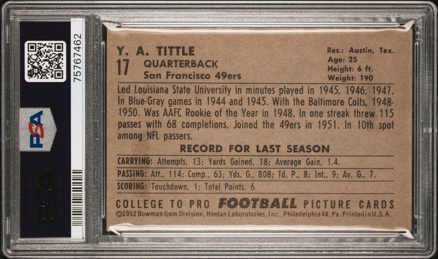 A Group of Nine 1952 Bowman Large Hall of Fame PSA Graded Football Cards,