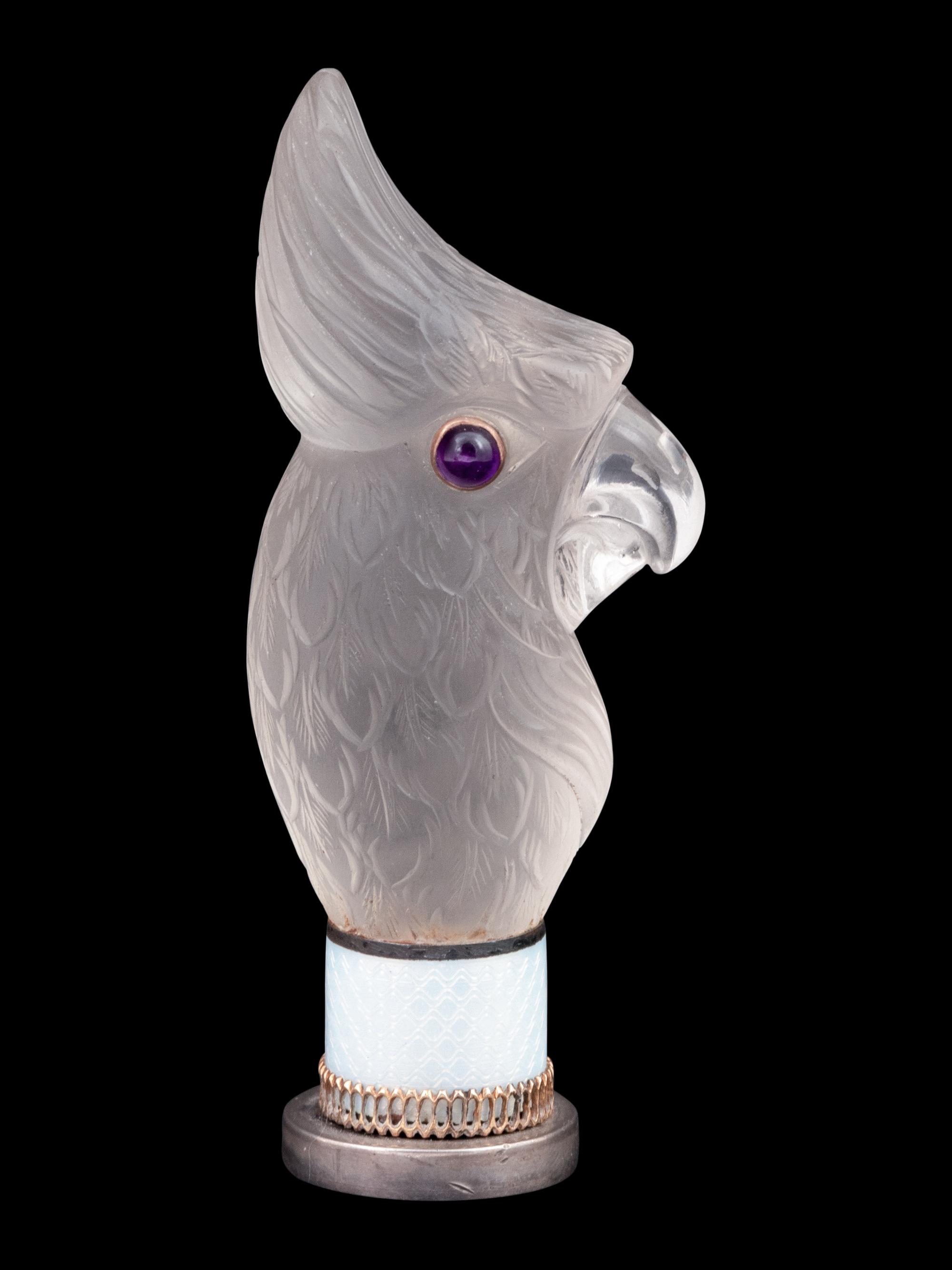 A Continental Carved Rock Crystal and Guilloche Enamel-Mounted Cockatiel-Form Hand Seal