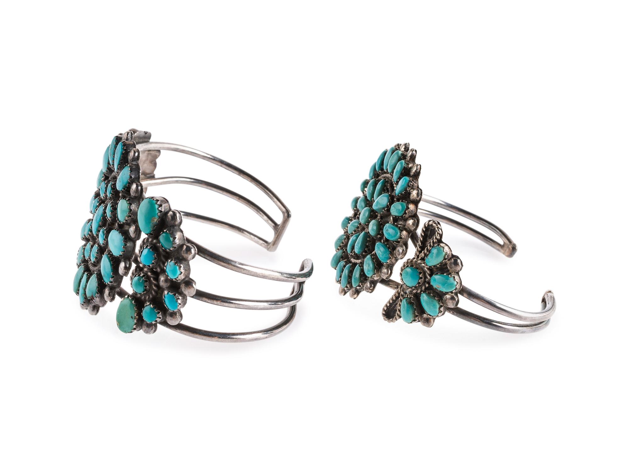 Navajo or Zui Silver Wire Cuff Bracelets, with Tuquoise Clusters