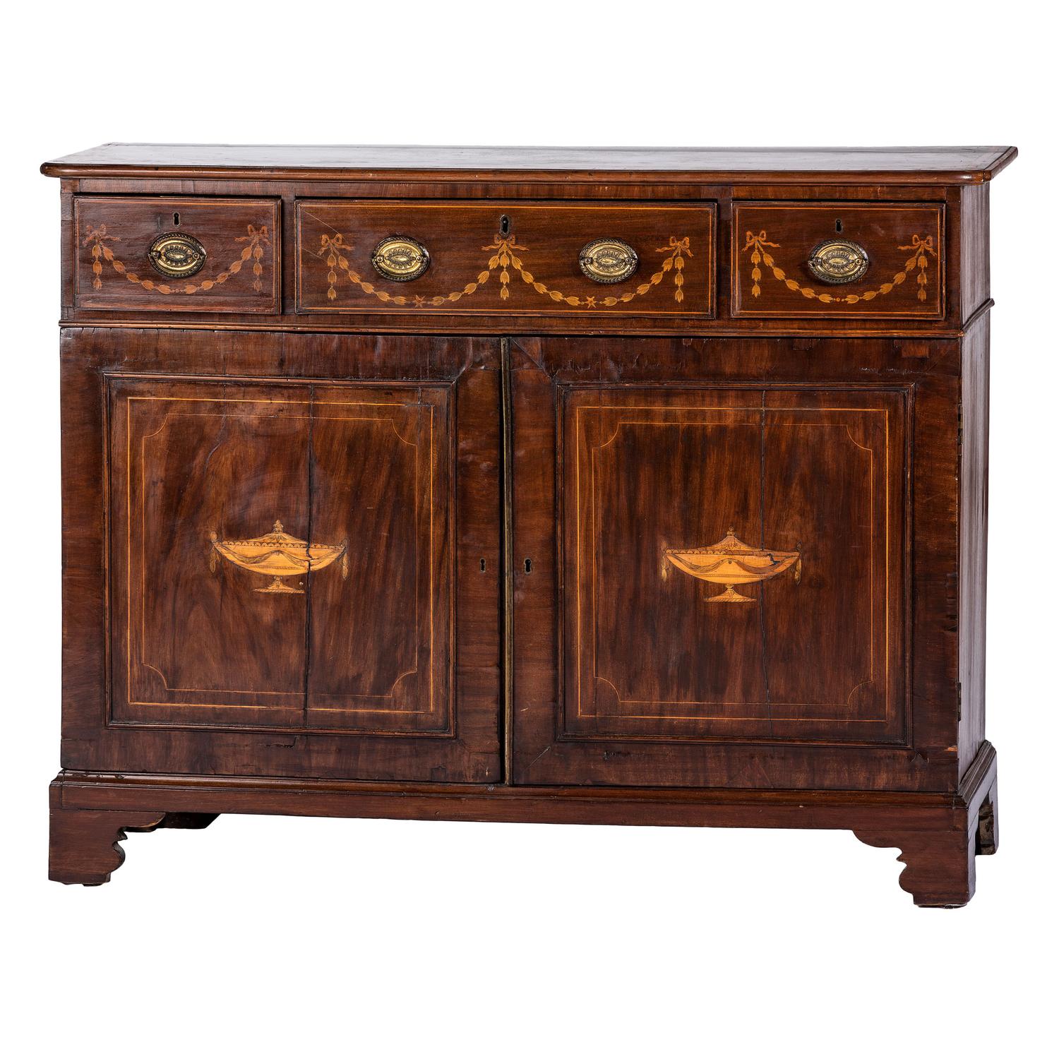A George III Marquetry and Banded Mahogany Sideboard, circa 1790 and later