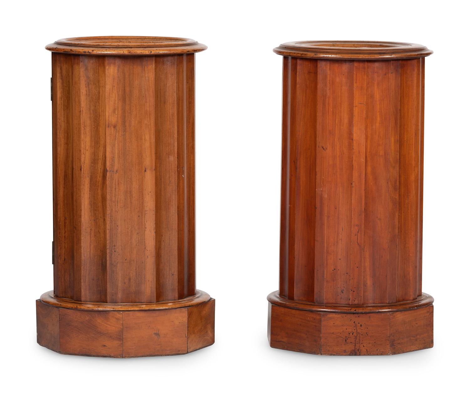 A Pair of Regency Style Marble Inset Carved Birch Column-Form Pot Cupboards